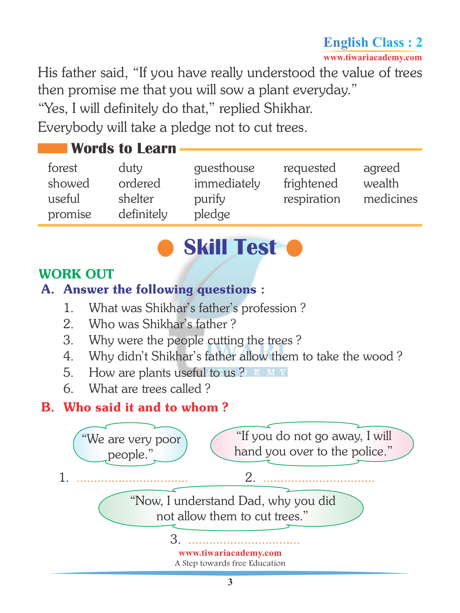 Class 2 English Unit 10 Revision Questions