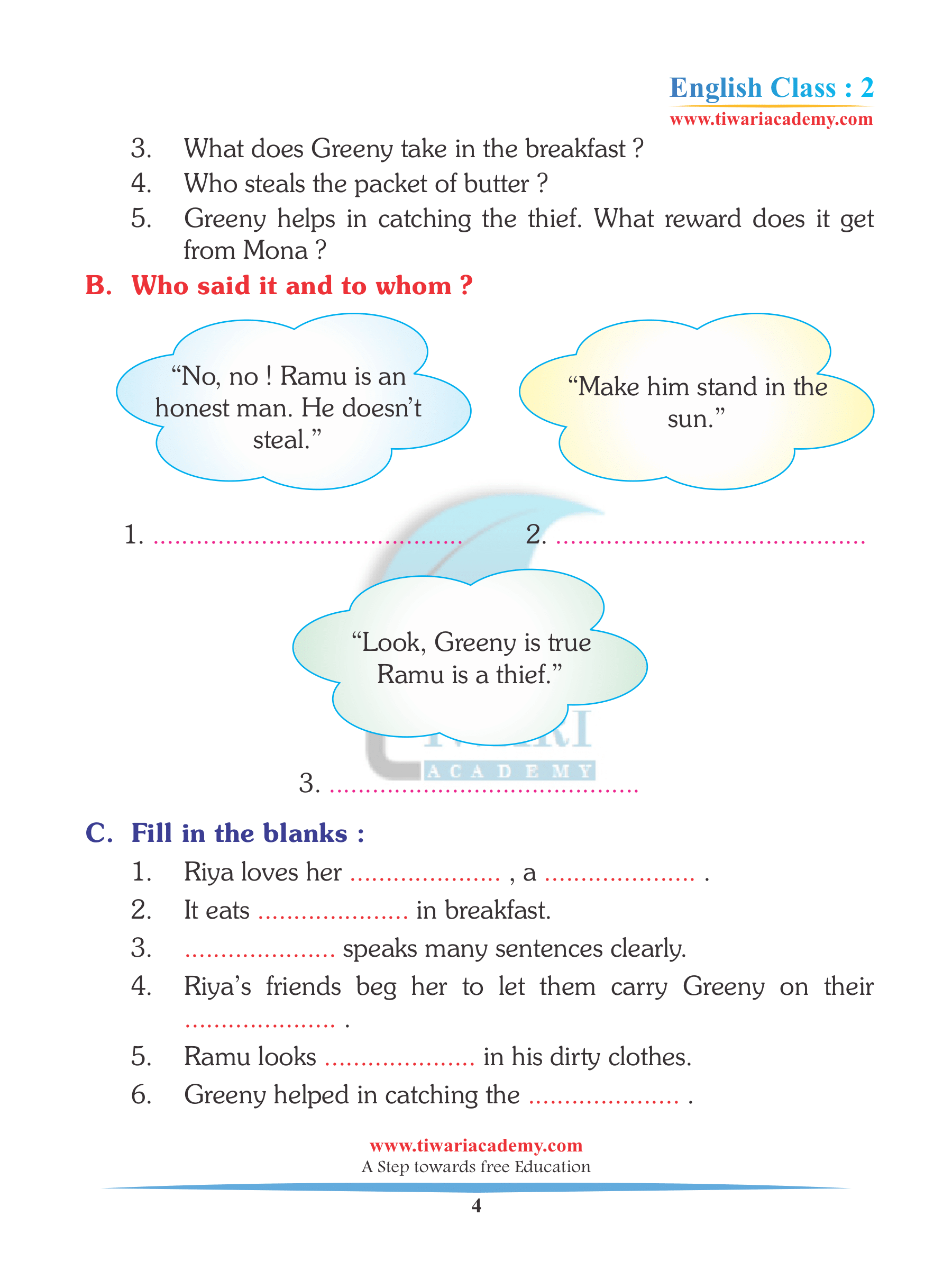 Class 2 English unit 2 assignments