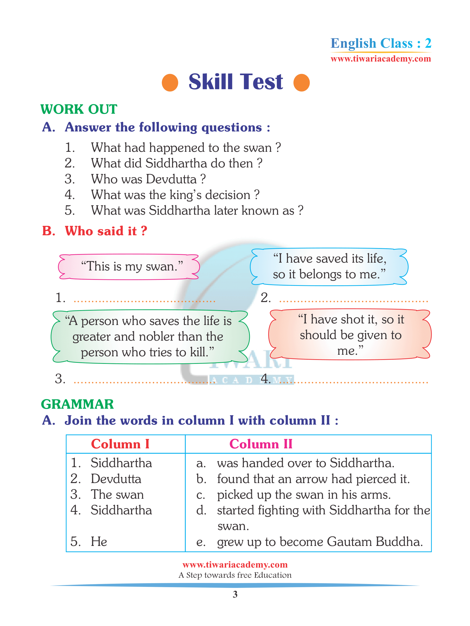 Class 2 English Unit 3 Assignments