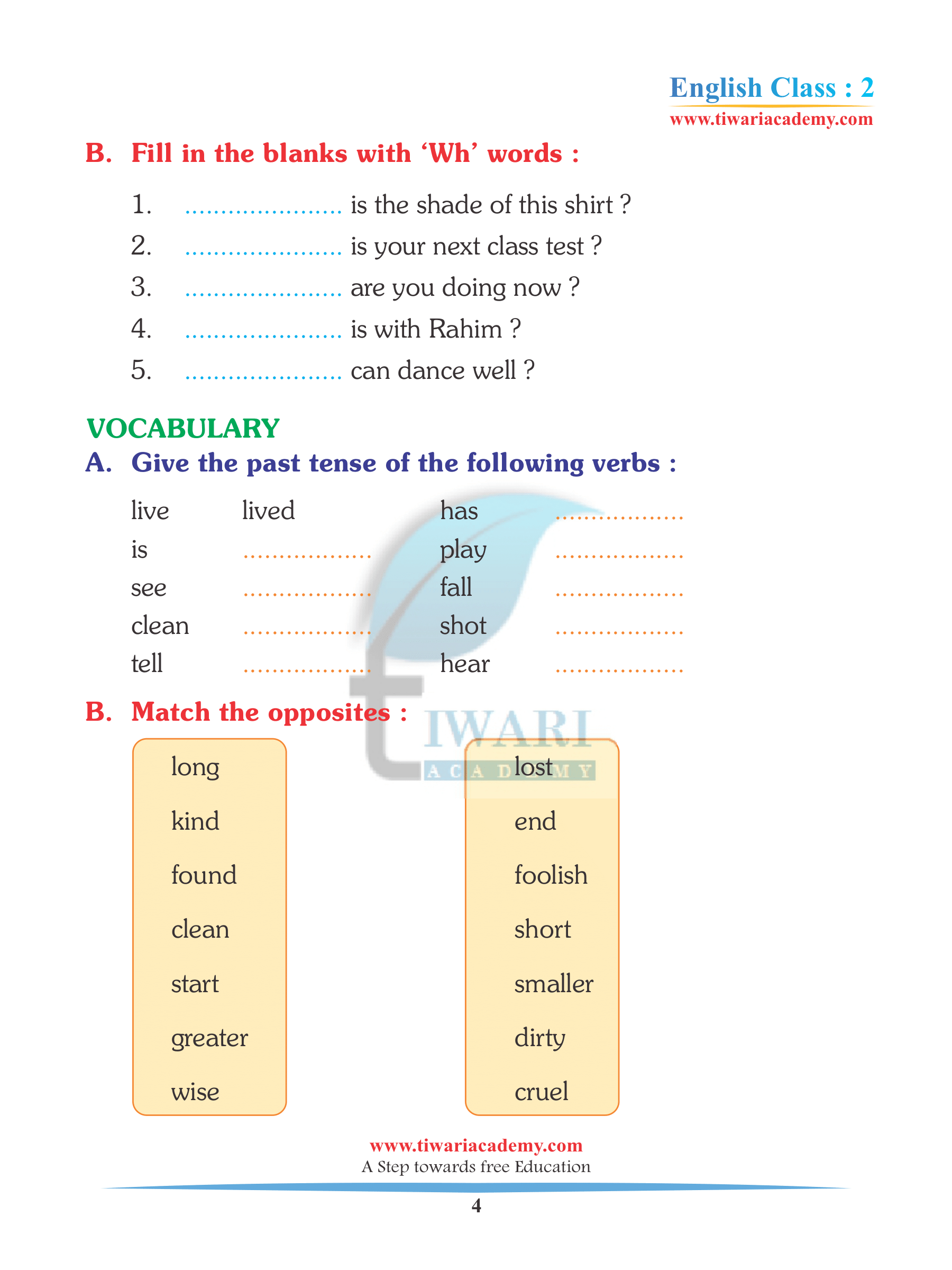 Class 2 English Unit 3 Worksheet