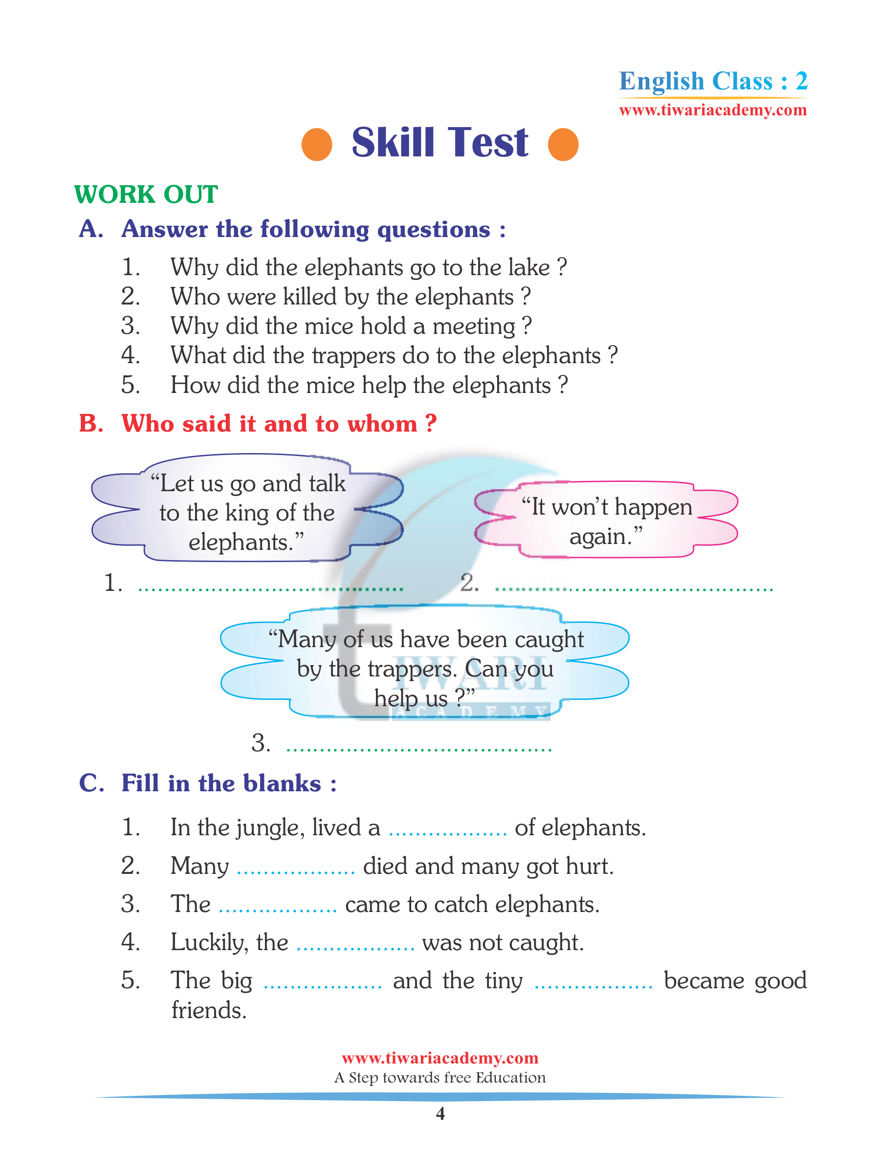 Class 2 English Unit 4 Practice Questions