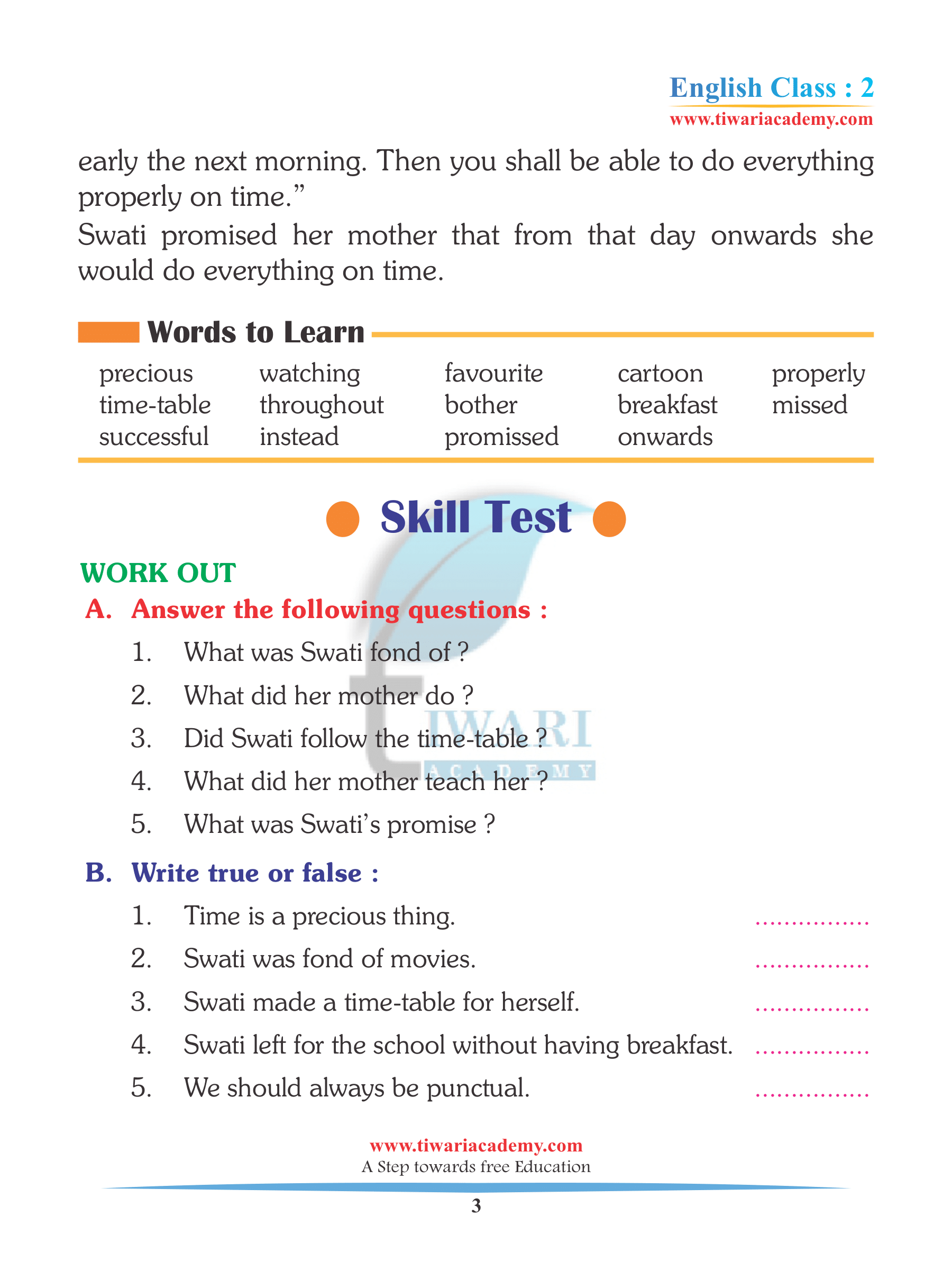 Class 2 English Unit 8 Prectice Questions