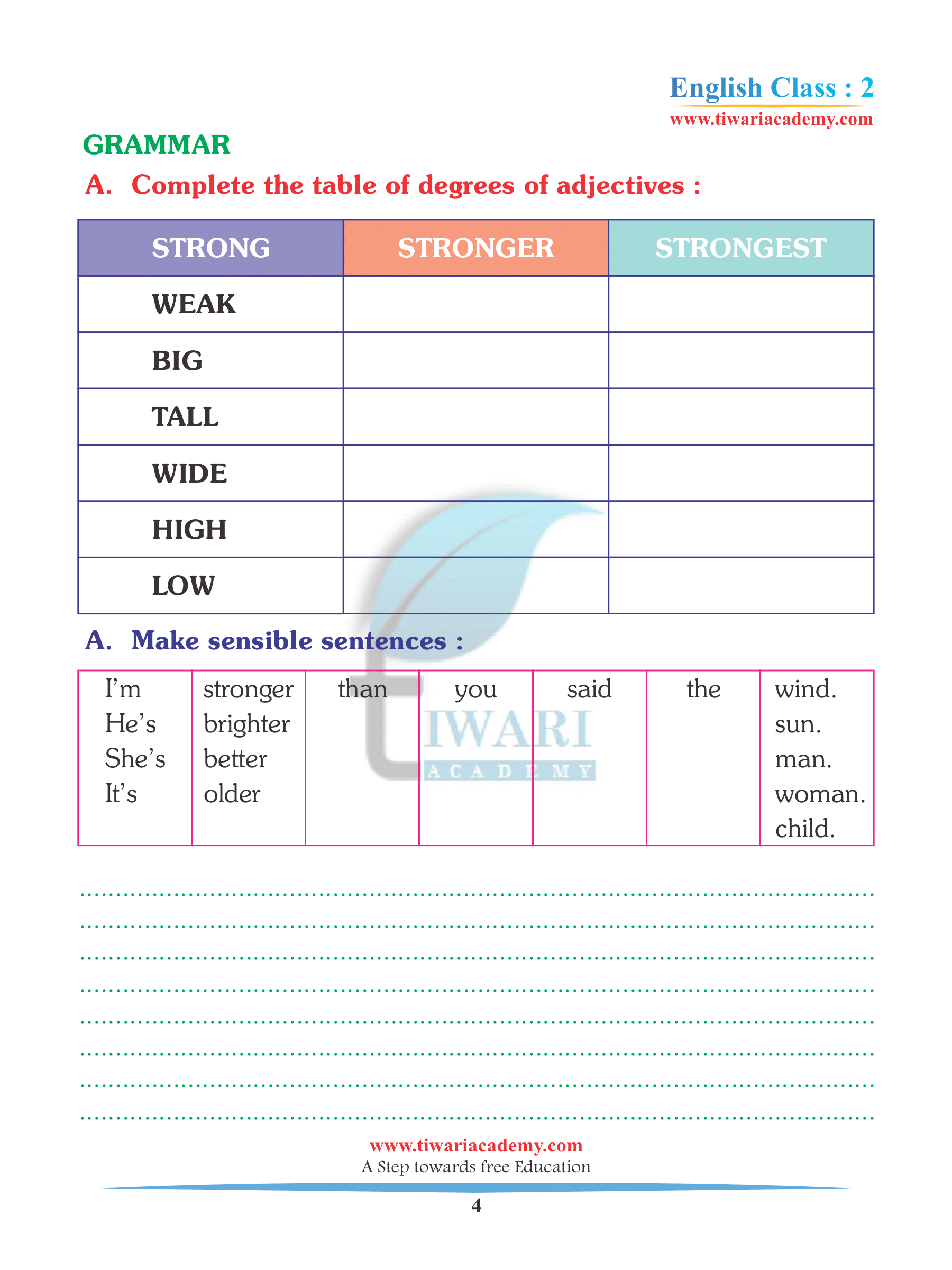 Class 2 English Unit 9 Assignments