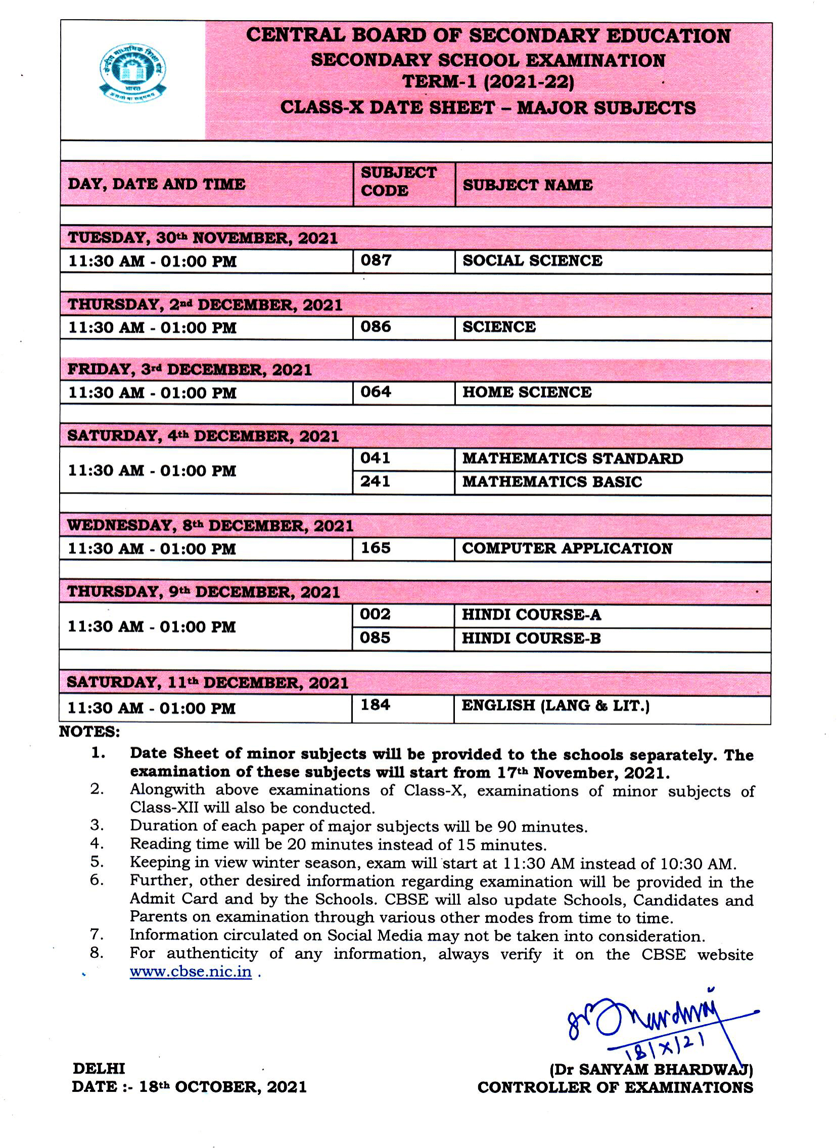 Date Sheet for Class 10 First Term Exams