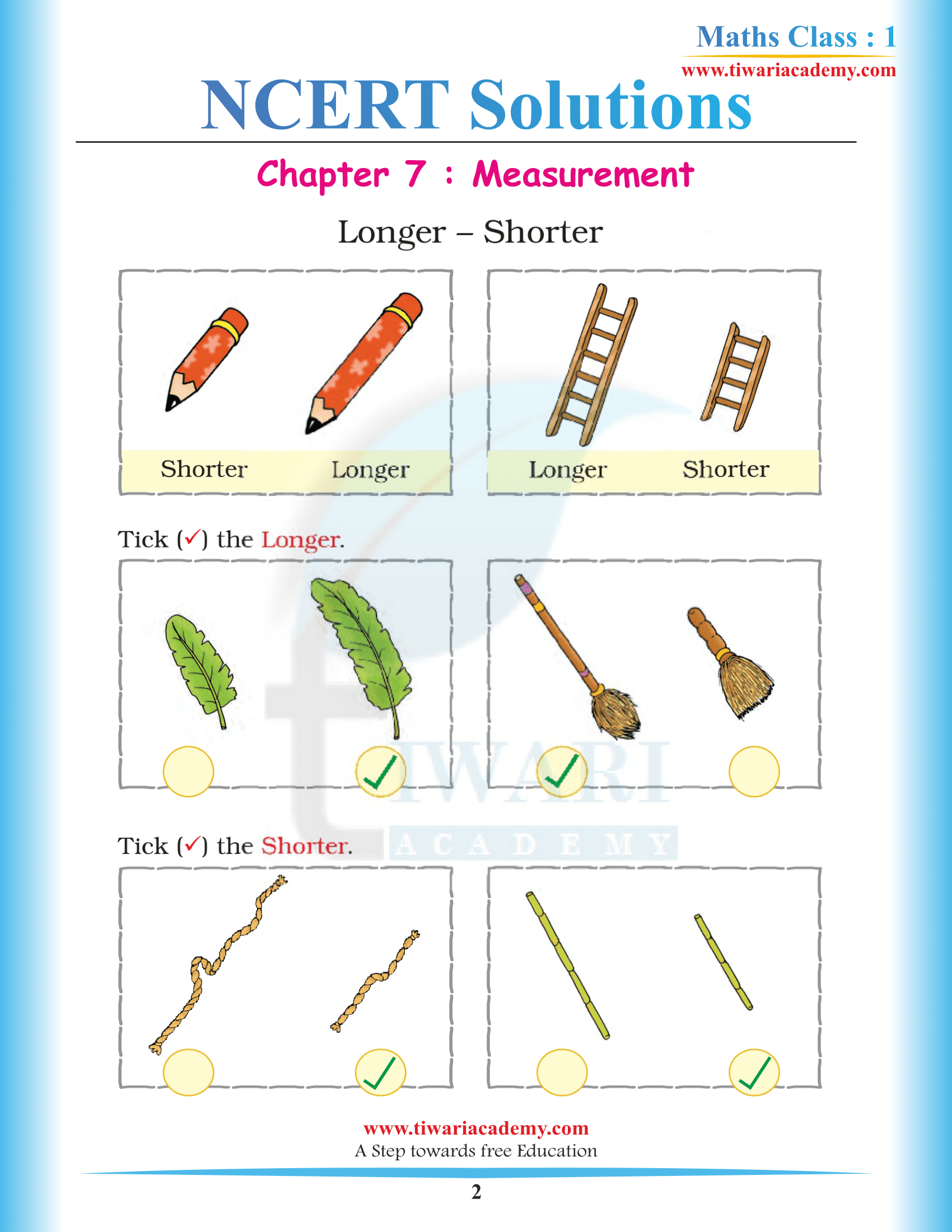 NCERT Solutions for Class 1 Maths Chapter 7 Measuremen in PDF
