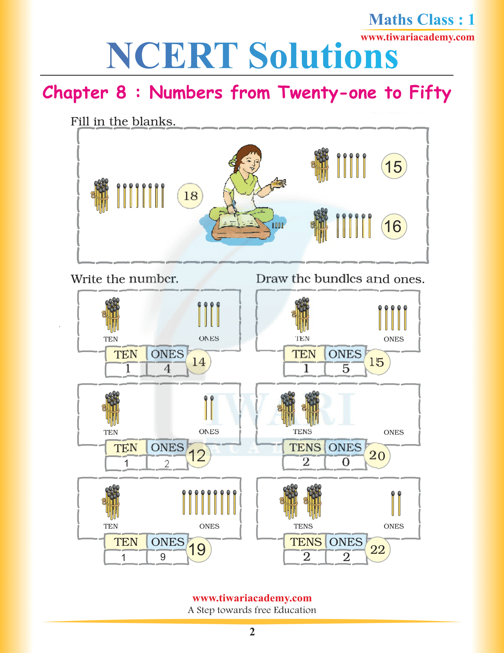 NCERT Solutions for Class 1 Maths Chapter 8 Numbers form 21 to 50