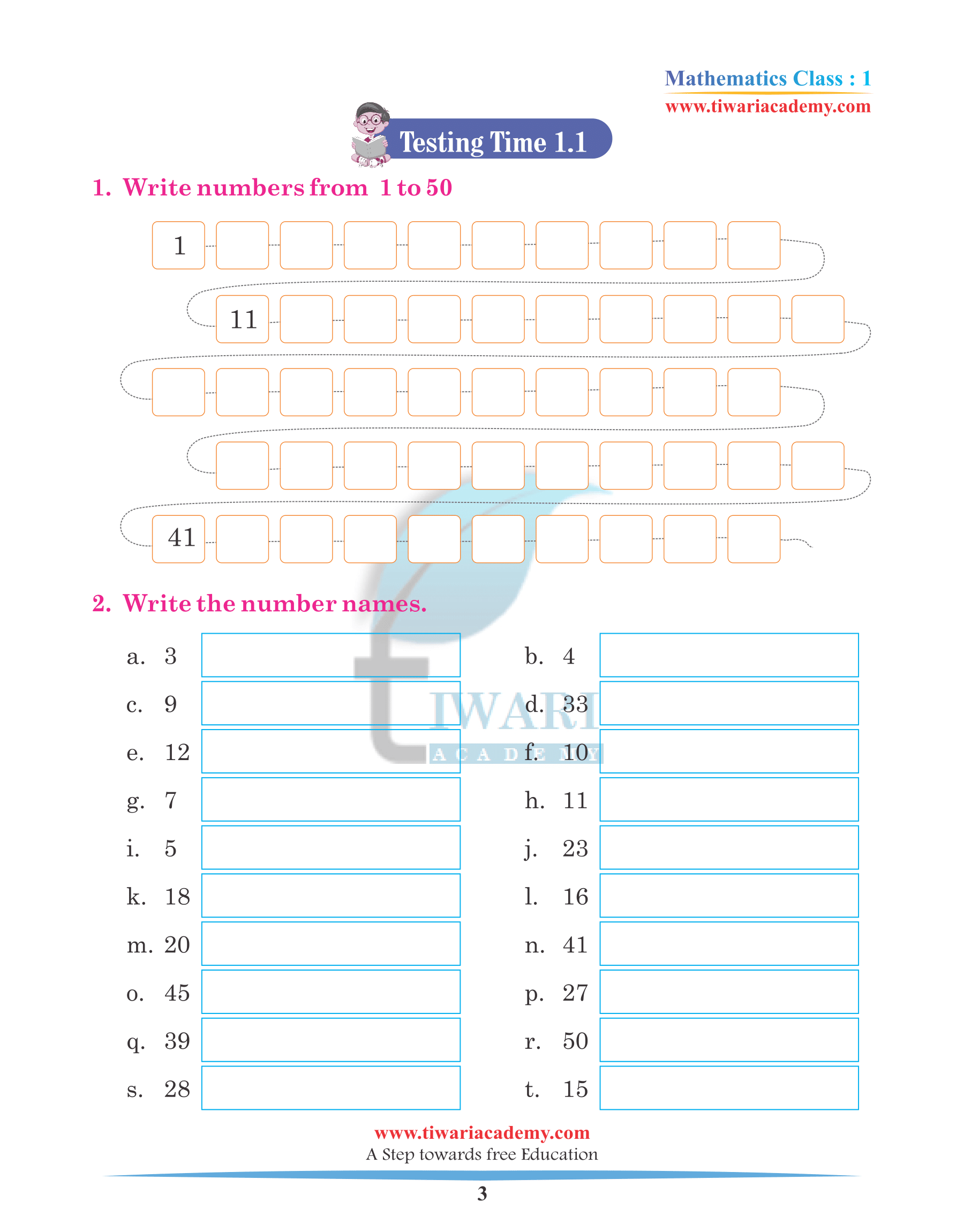 Class 1 Maths Chapter 1 Practice Book assignments