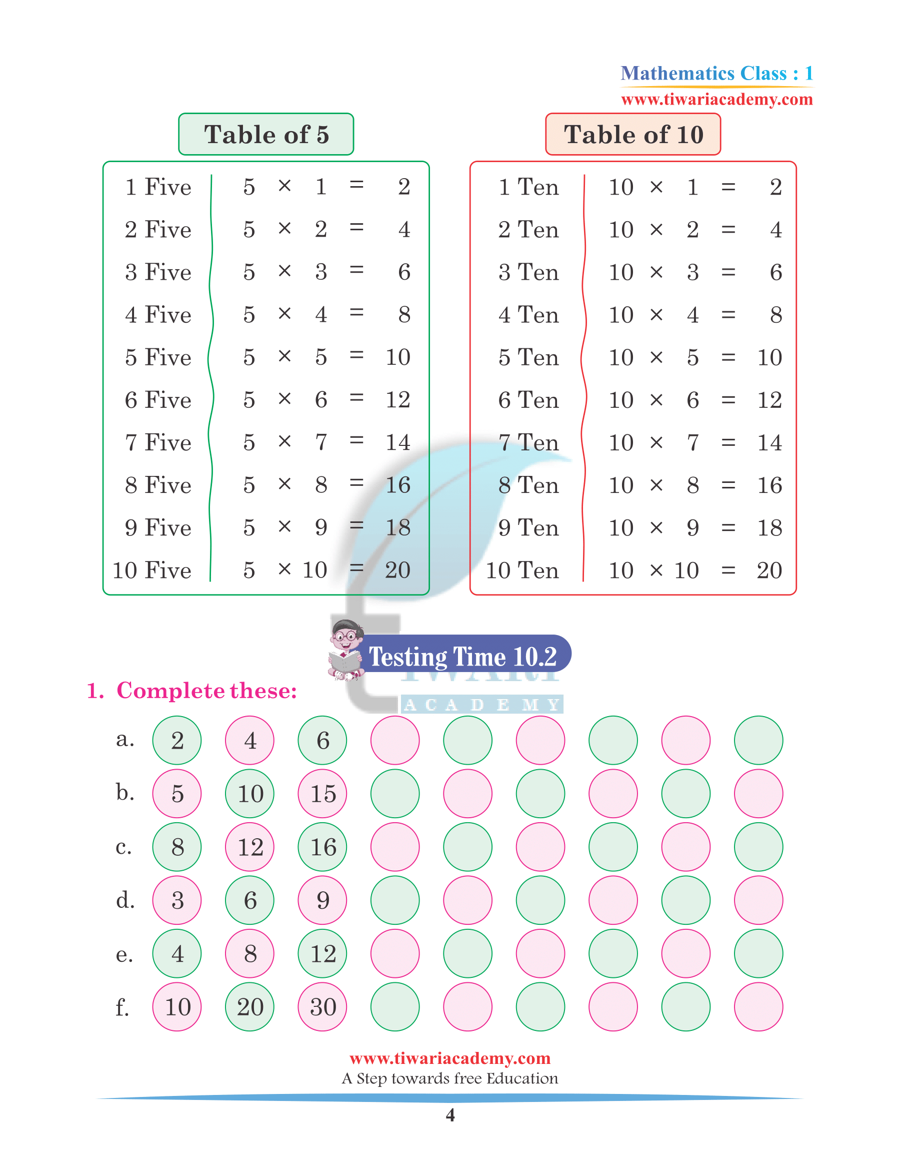 Class 1 Maths Chapter 10 Revision Book