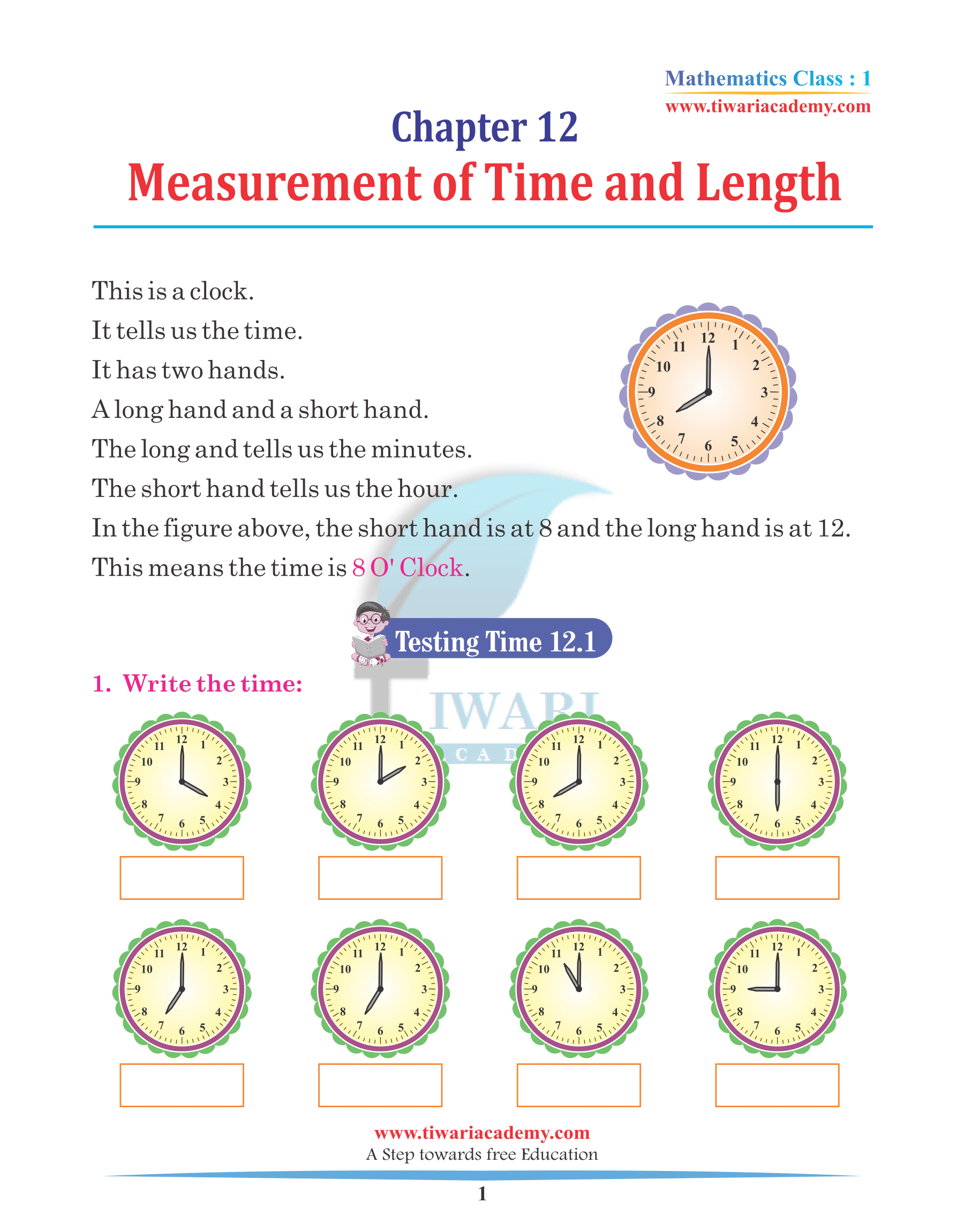 Class 1 Maths Chapter 12 Practice Book