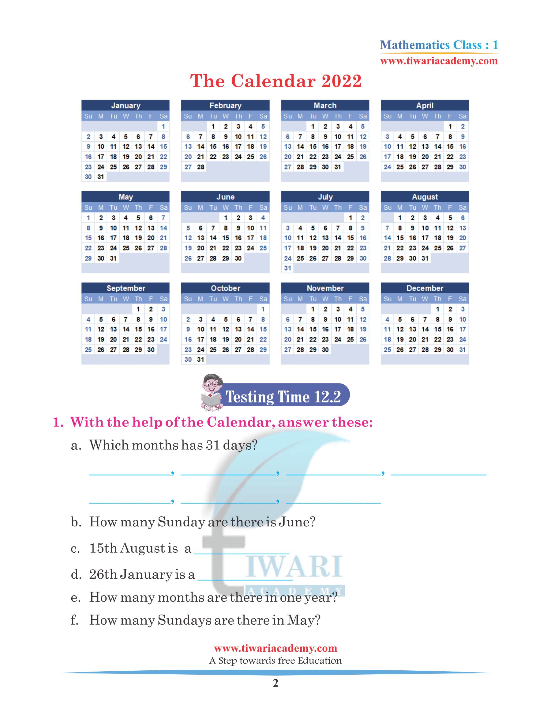 Class 1 Maths Chapter 12 Practice Questions