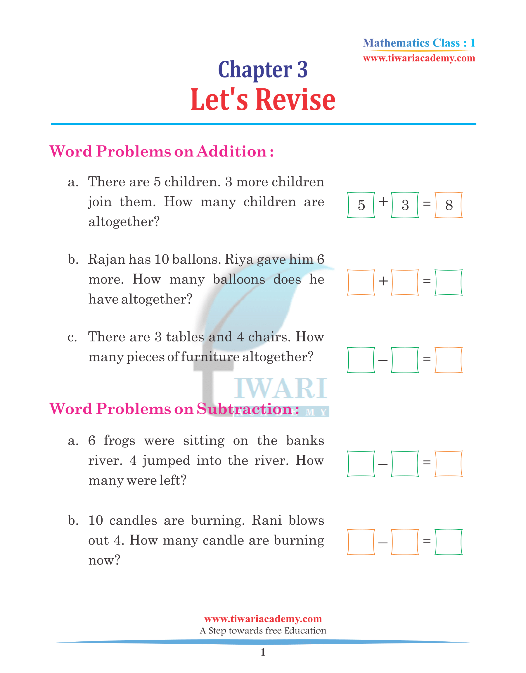 Class 1 Maths Chapter 3 Practice Book