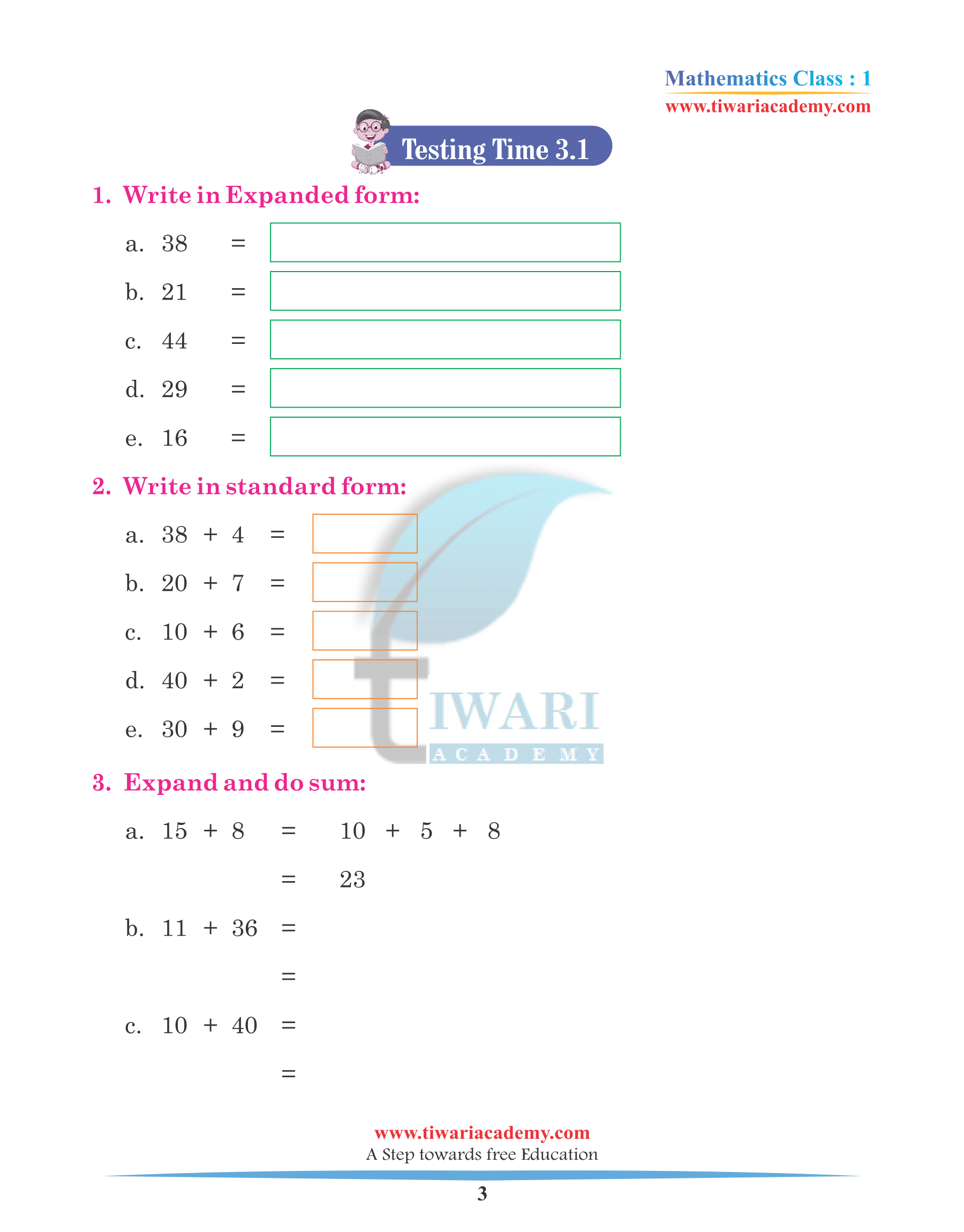 Class 1 Maths Chapter 3 Practice assignments