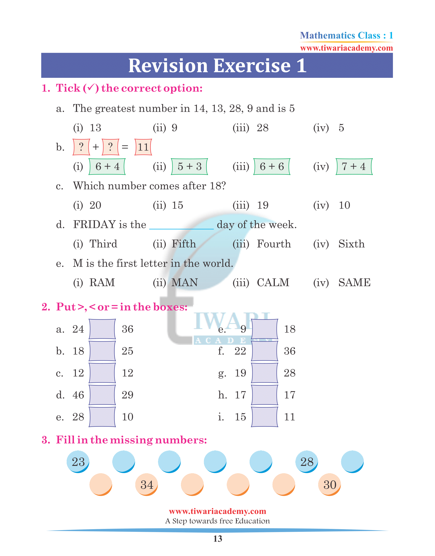 Class 1 Maths Chapter 3 Revision answers