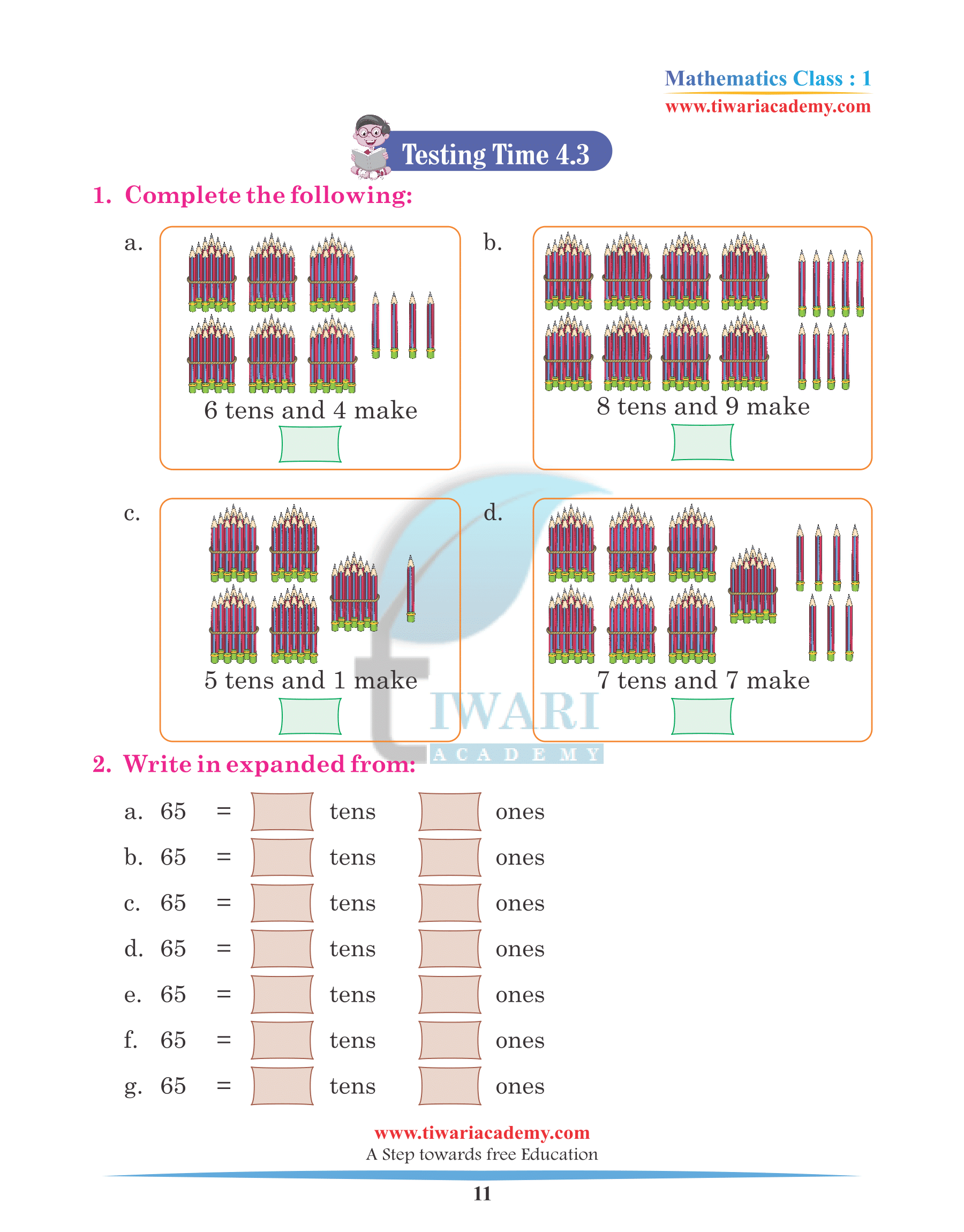 Class 1 Maths Chapter 4 Revision Book sheet