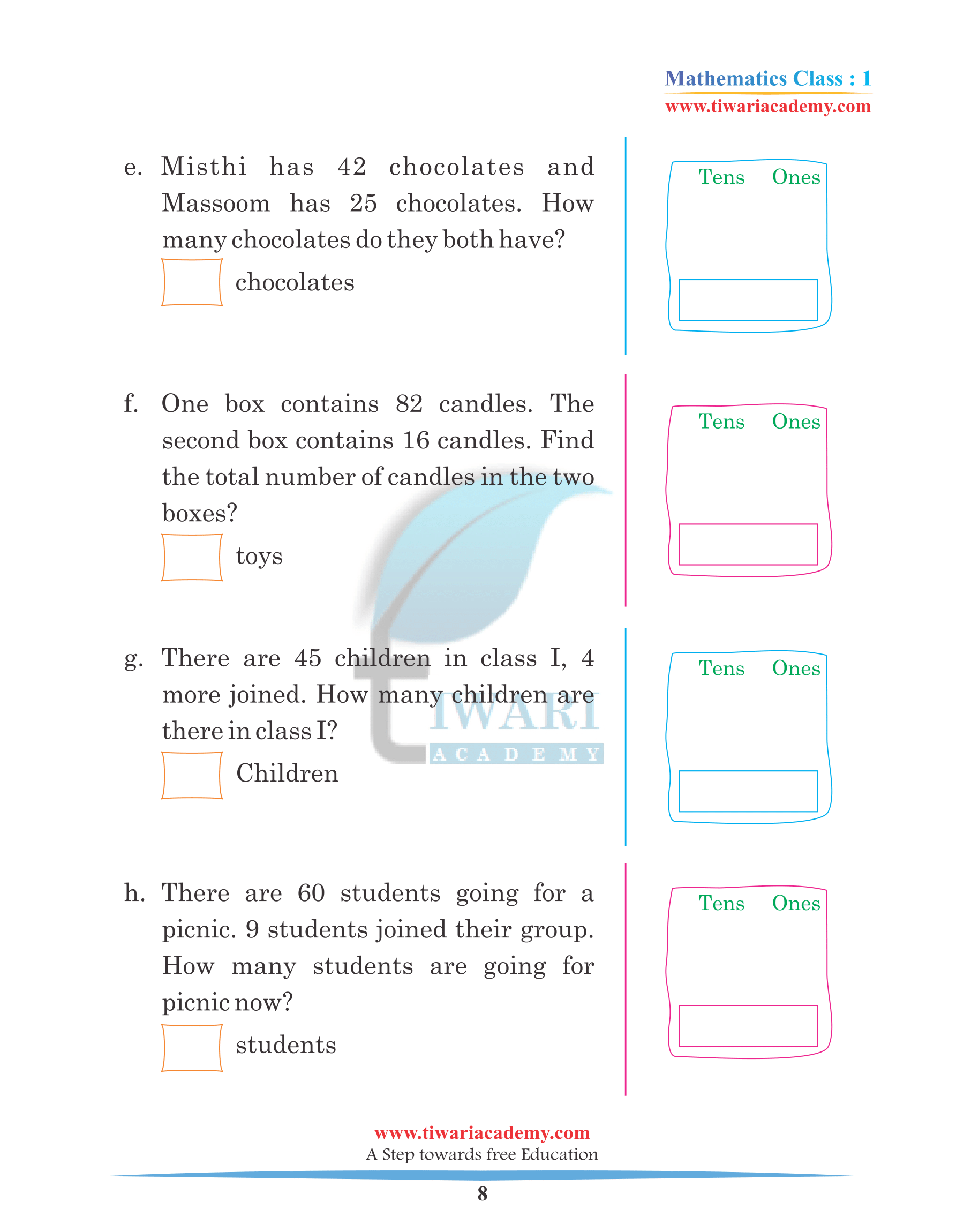 Class 1 Maths Chapter 6 Word Problems Questions