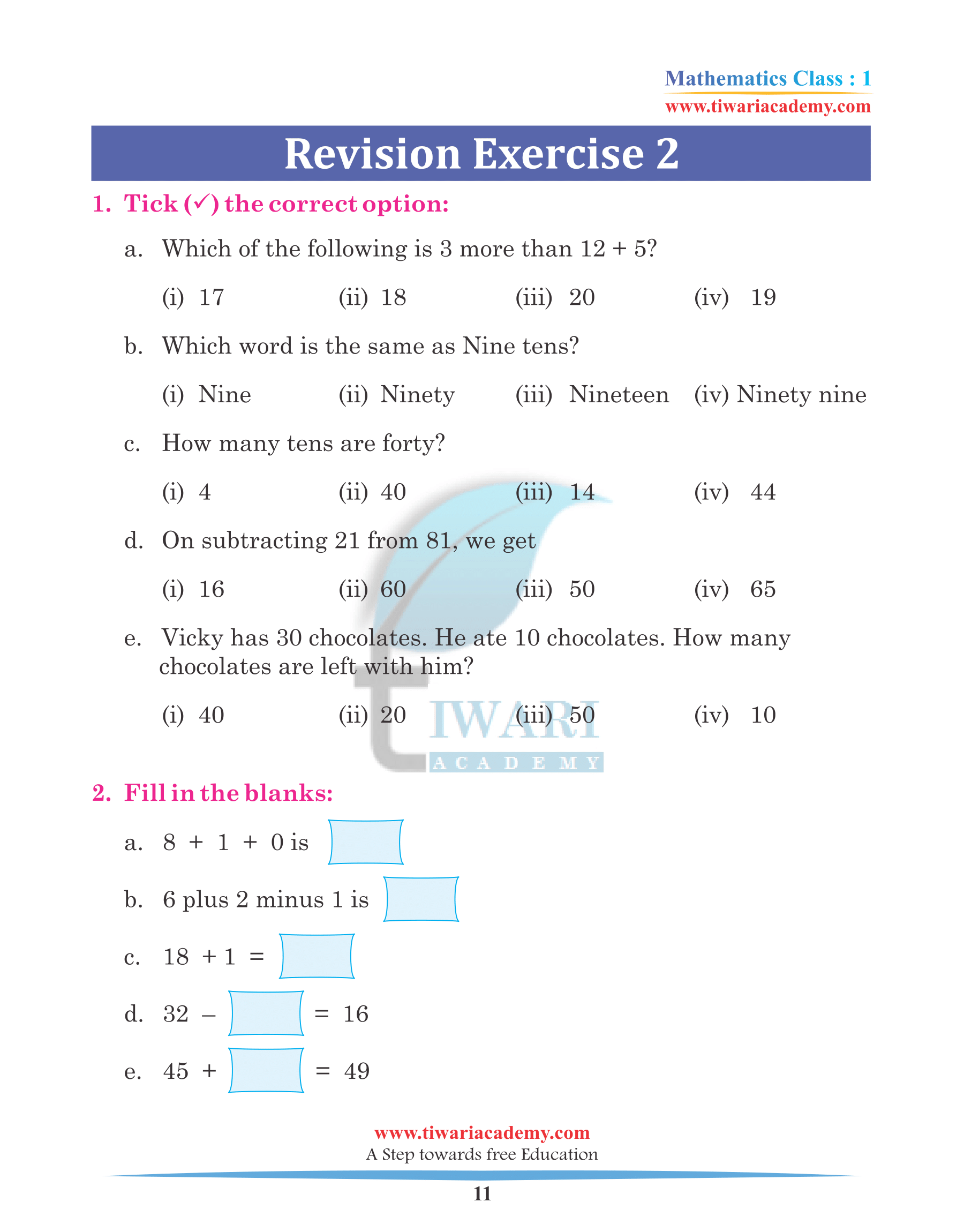 Class 1 Maths Chapter 6 Assignments