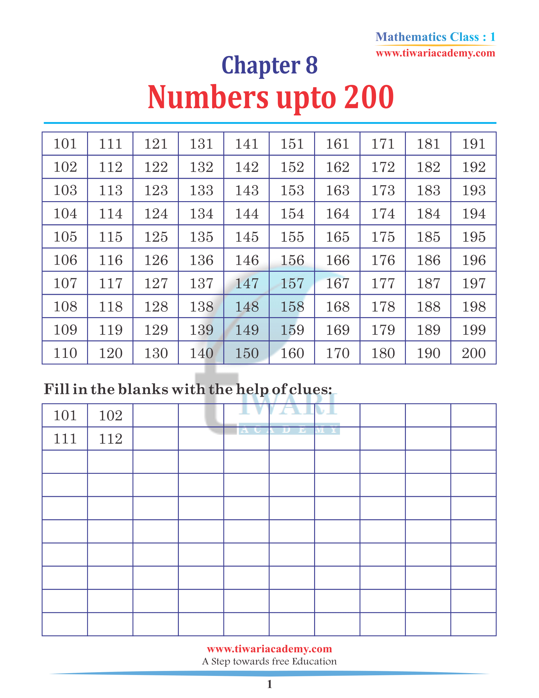 Class 1 Maths Chapter 8 Practice Book