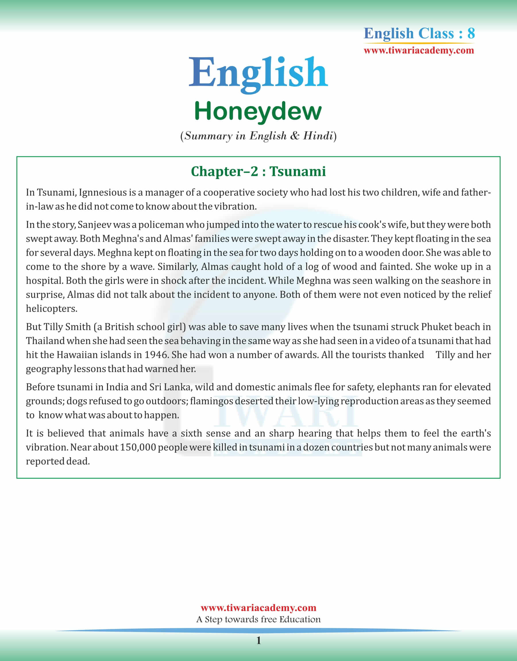 NCERT Solutions for Class 8 English Honeydew Chapter 2 The Tsunami.