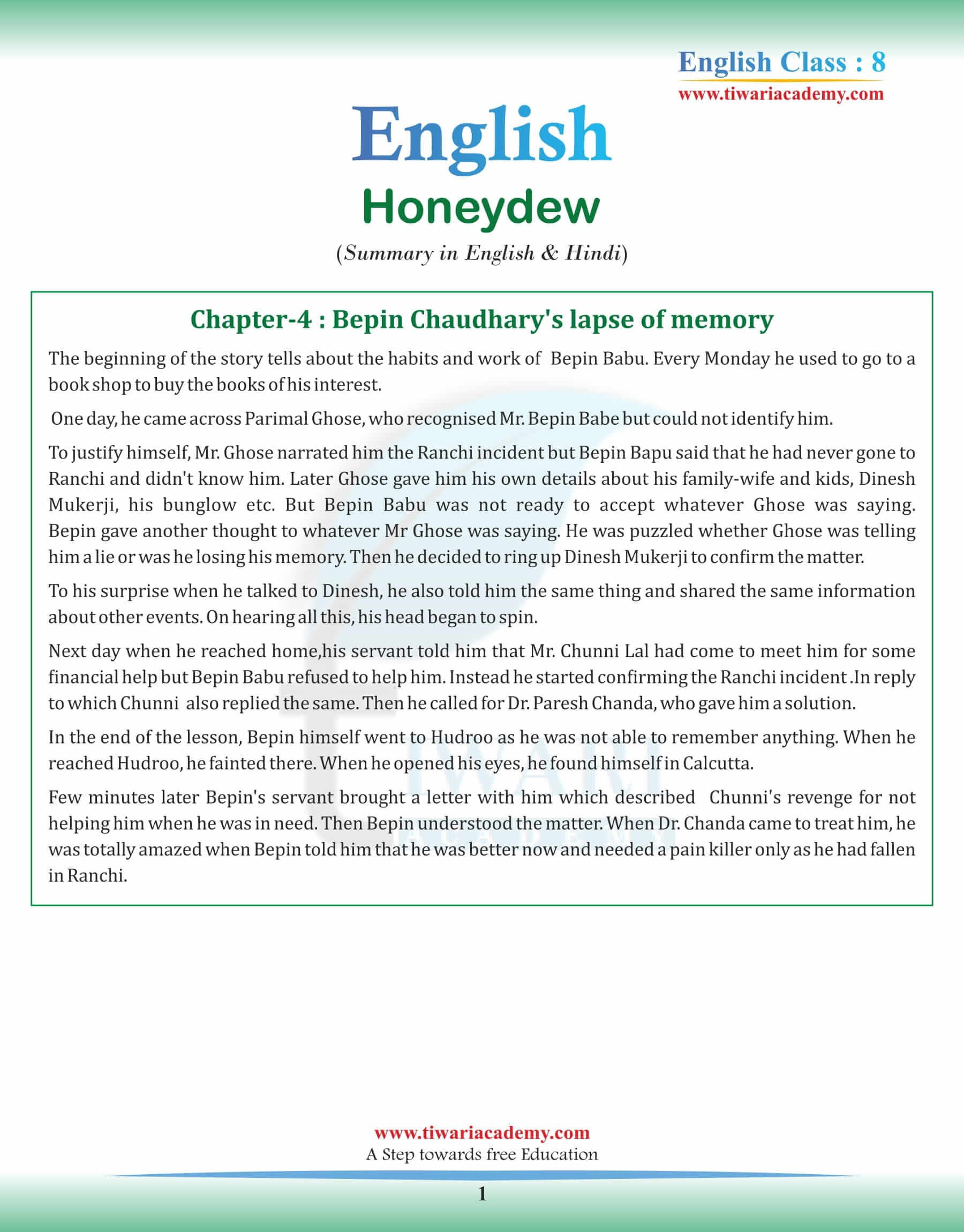 Class 8 English Chapter 4 Summary in English