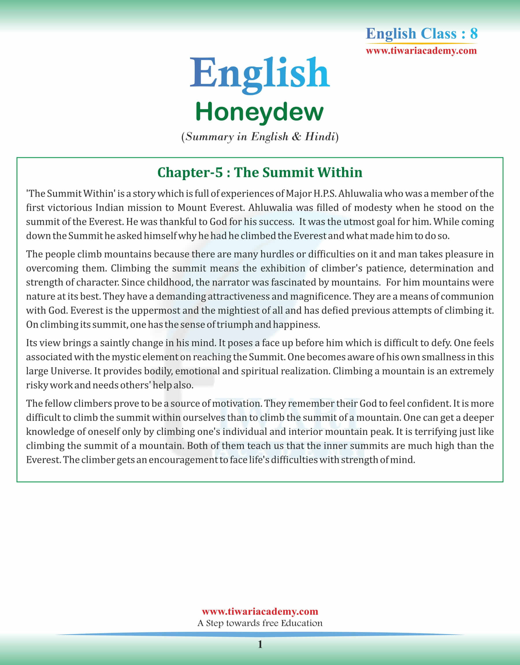Class 8 English Chapter 5 Summary in English
