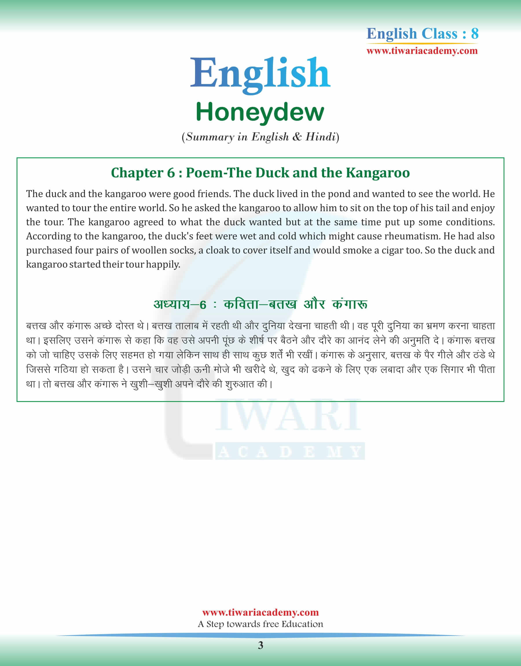 Class 8 English Chapter 6 Summary in Hindi and English