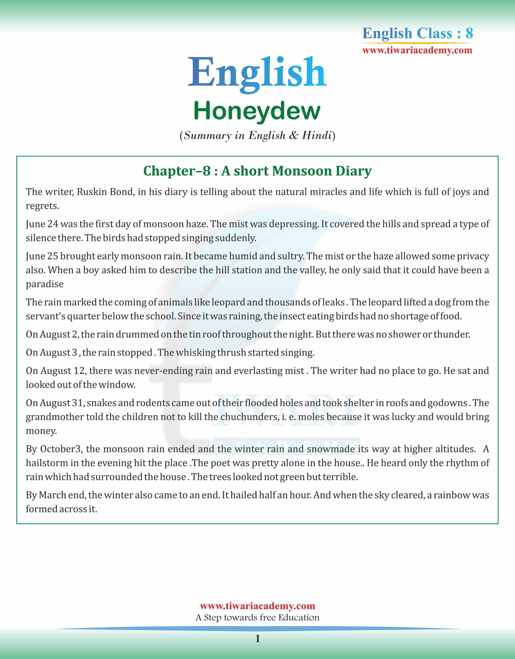 Class 8 English Chapter 8 Summary in English