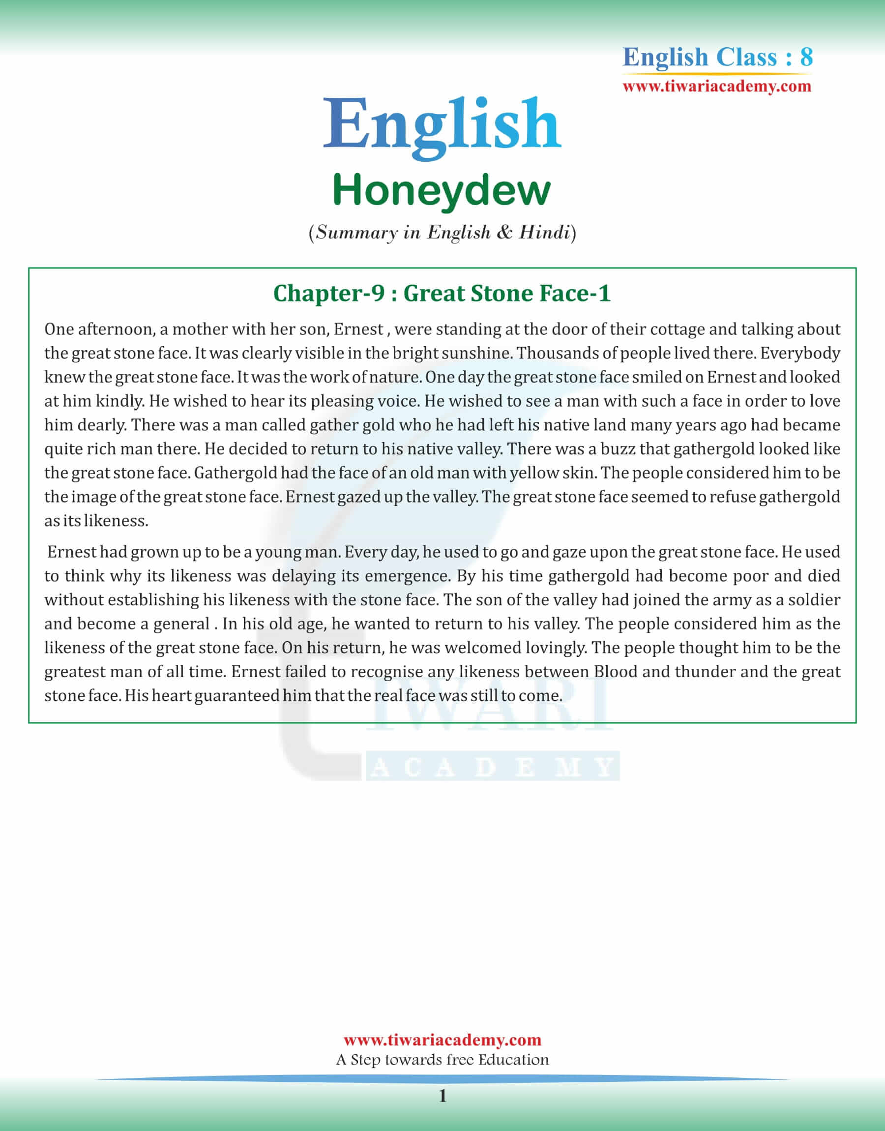 Class 8 English Chapter 9 Summary in English