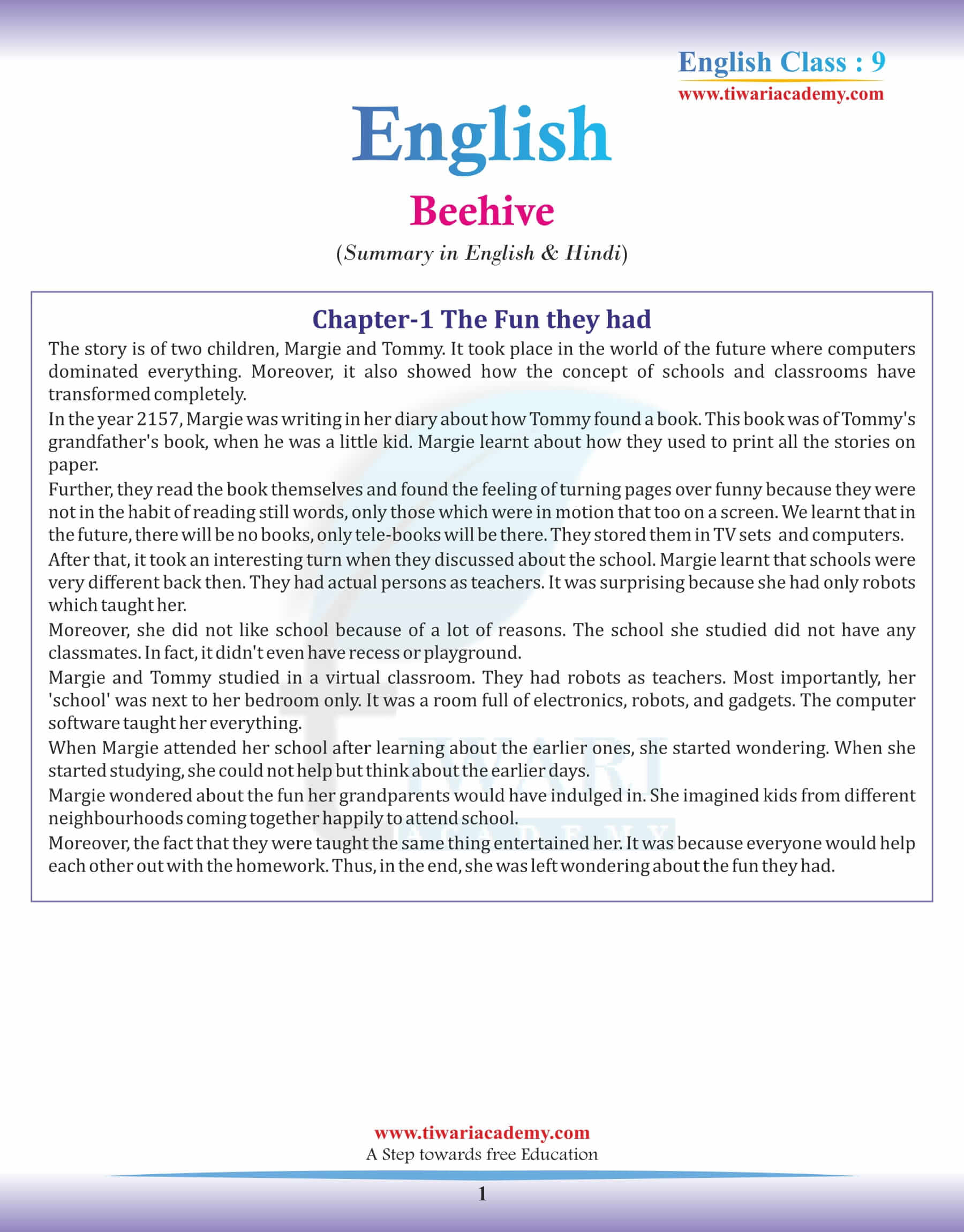 9th English Beehive Chapter 1 Summary in English