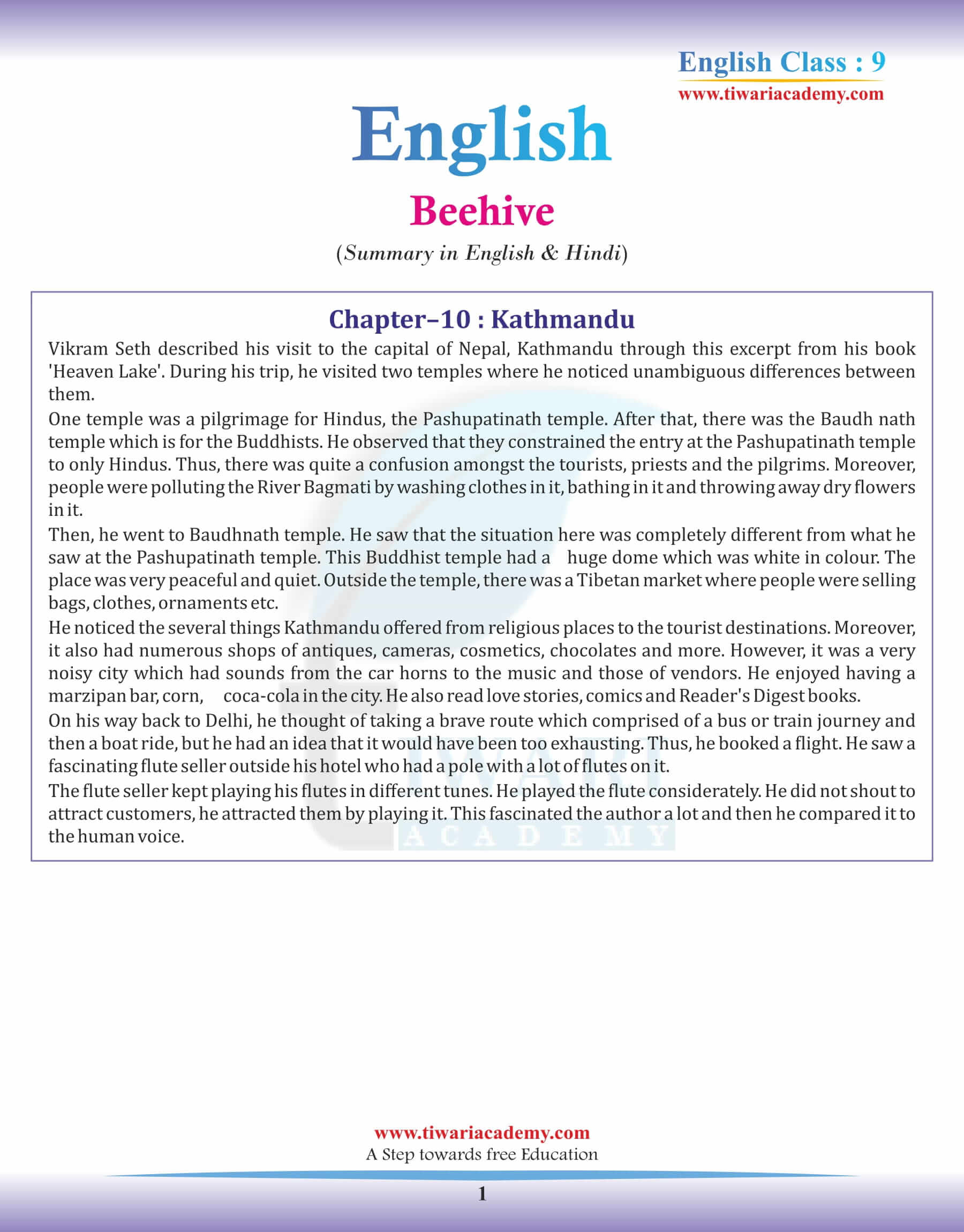 9th English Beehive Chapter 10 Summary in English