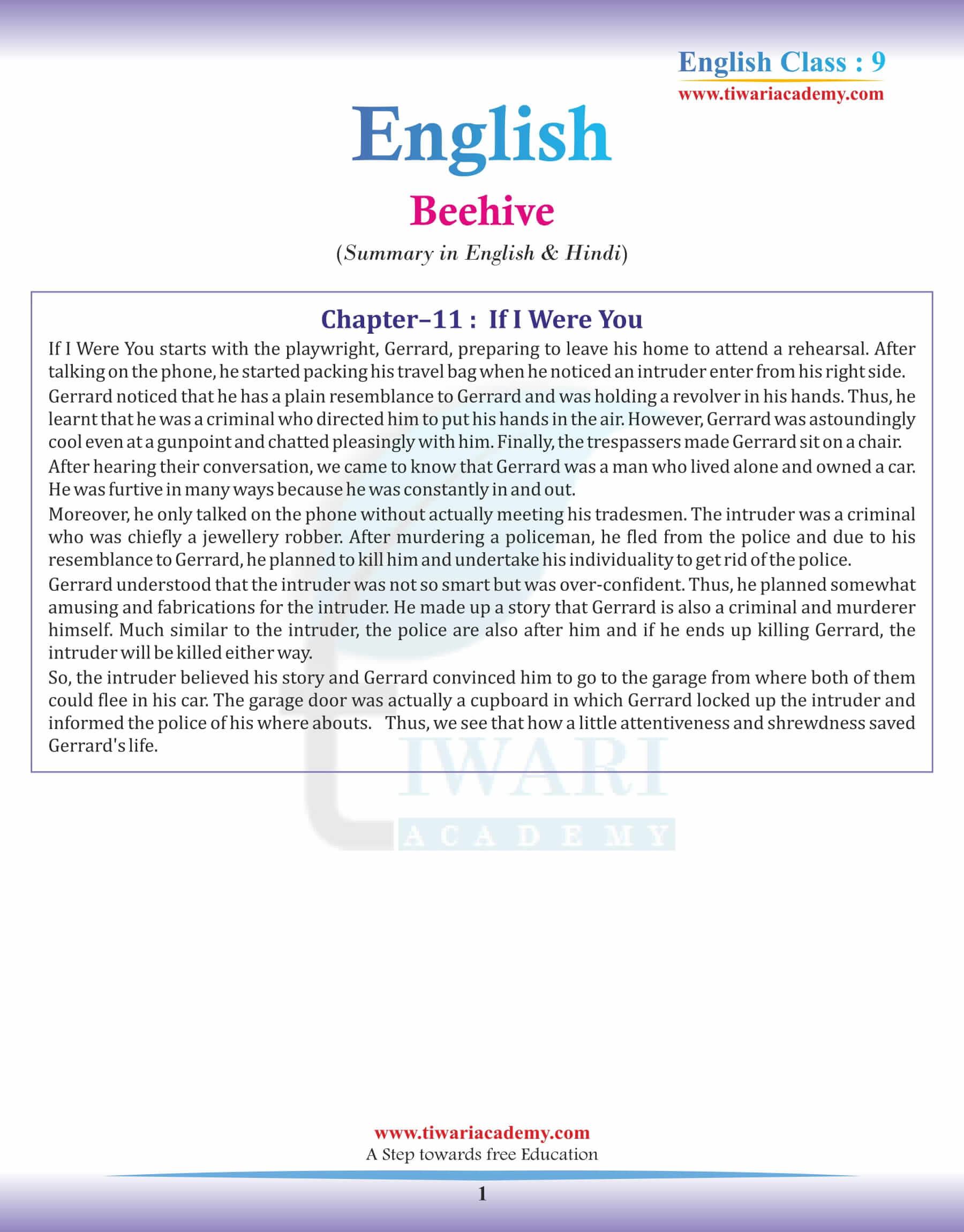 9th English Beehive Chapter 11 Summary in English