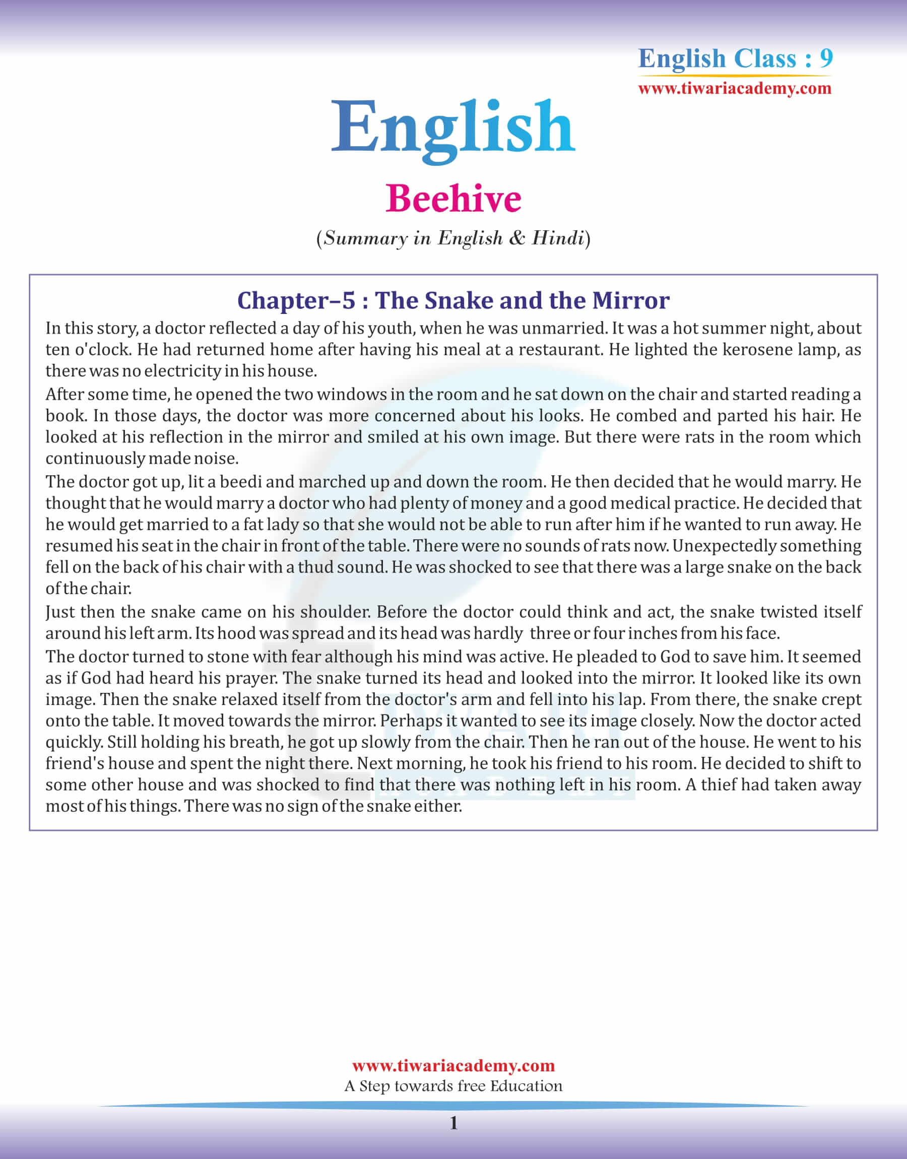 9th English Beehive Chapter 5 Summary in English