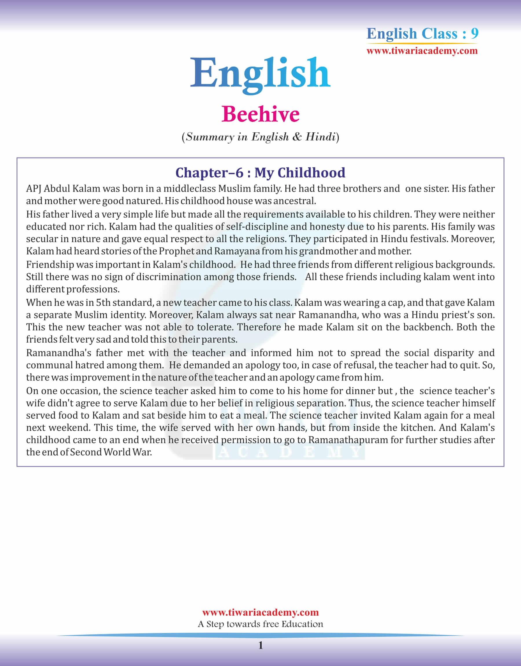 9th English Beehive Chapter 6 Summary in English