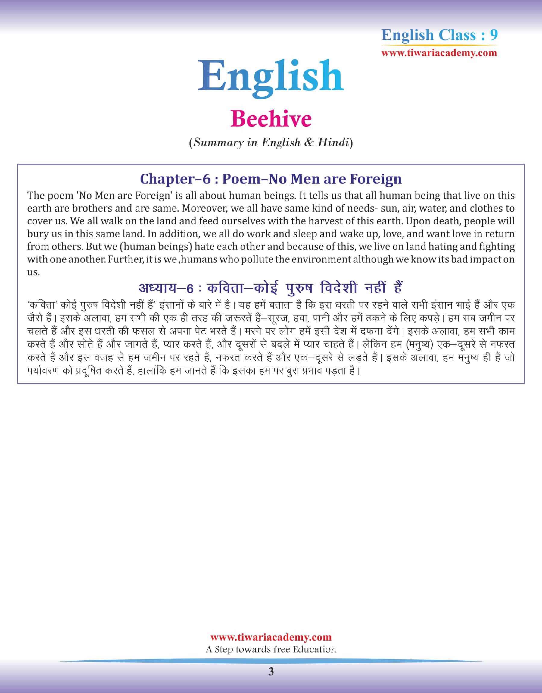 9th English Beehive Chapter 6 Summary in Hindi and English
