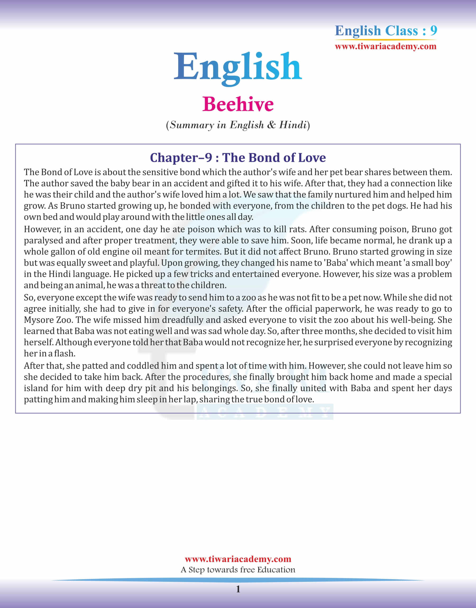 9th English Beehive Chapter 9 Summary in English