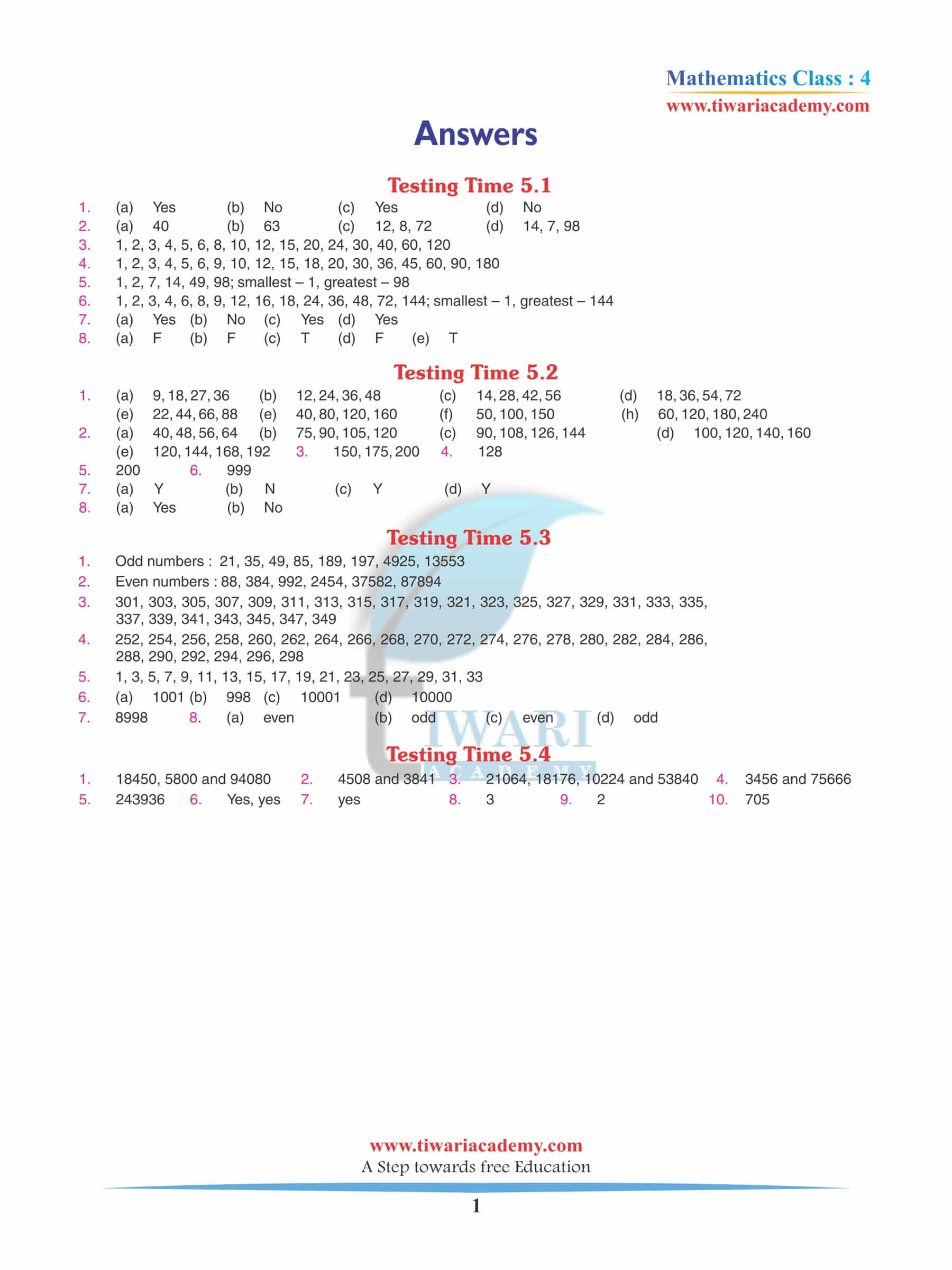 Class 4 Maths Chapter 5 Revision Book Answers