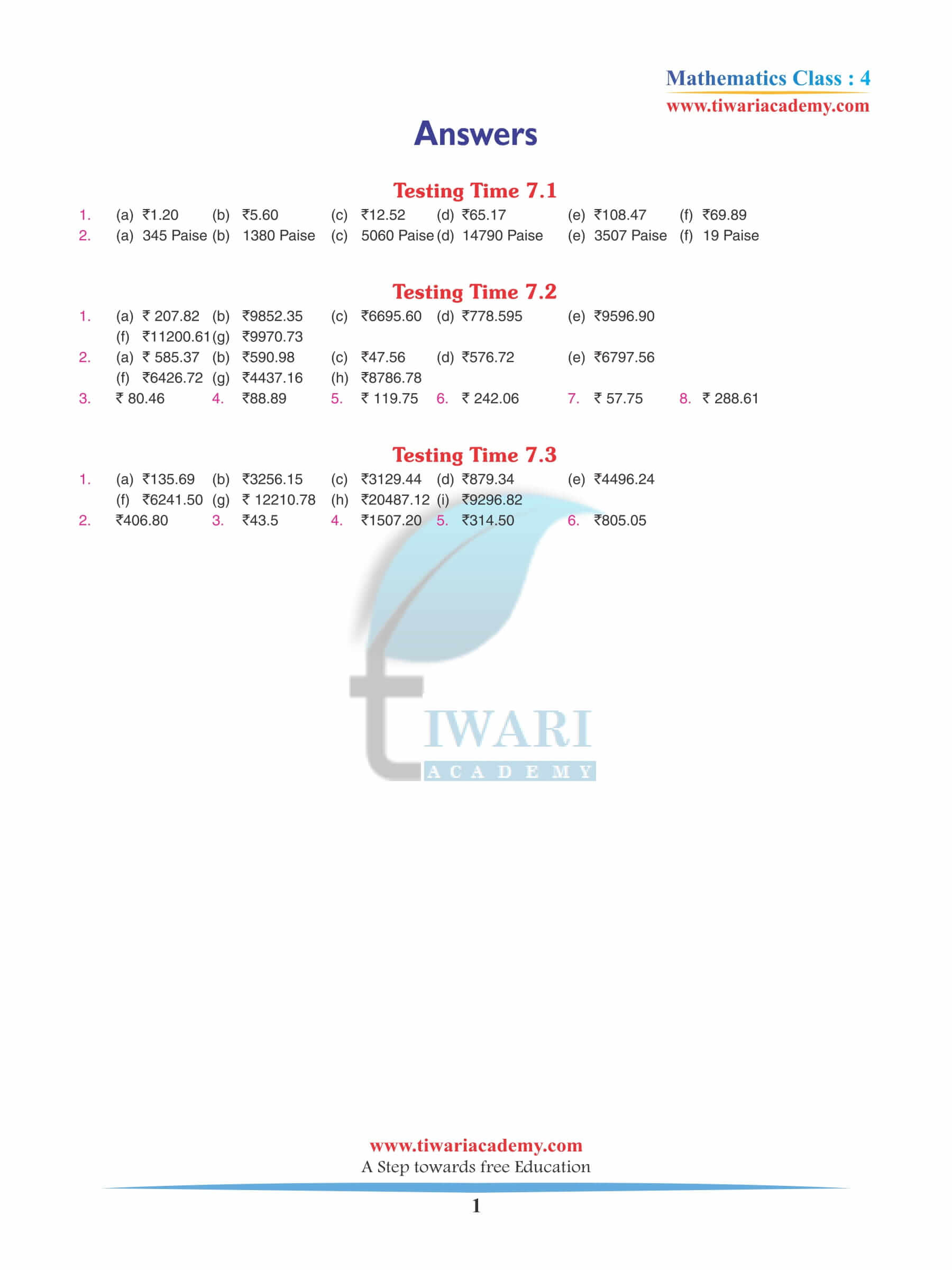 Class 4 Maths Chapter 7 Revision Book Answers