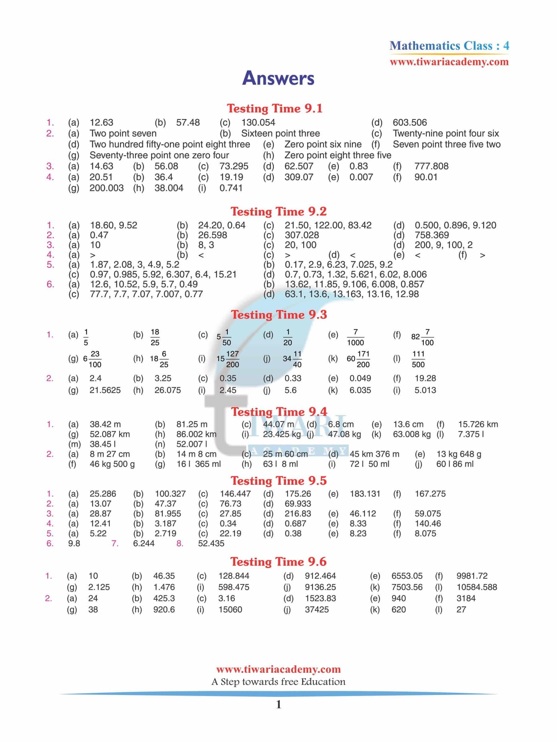 Class 4 Maths Chapter 9 Revision Book Answers