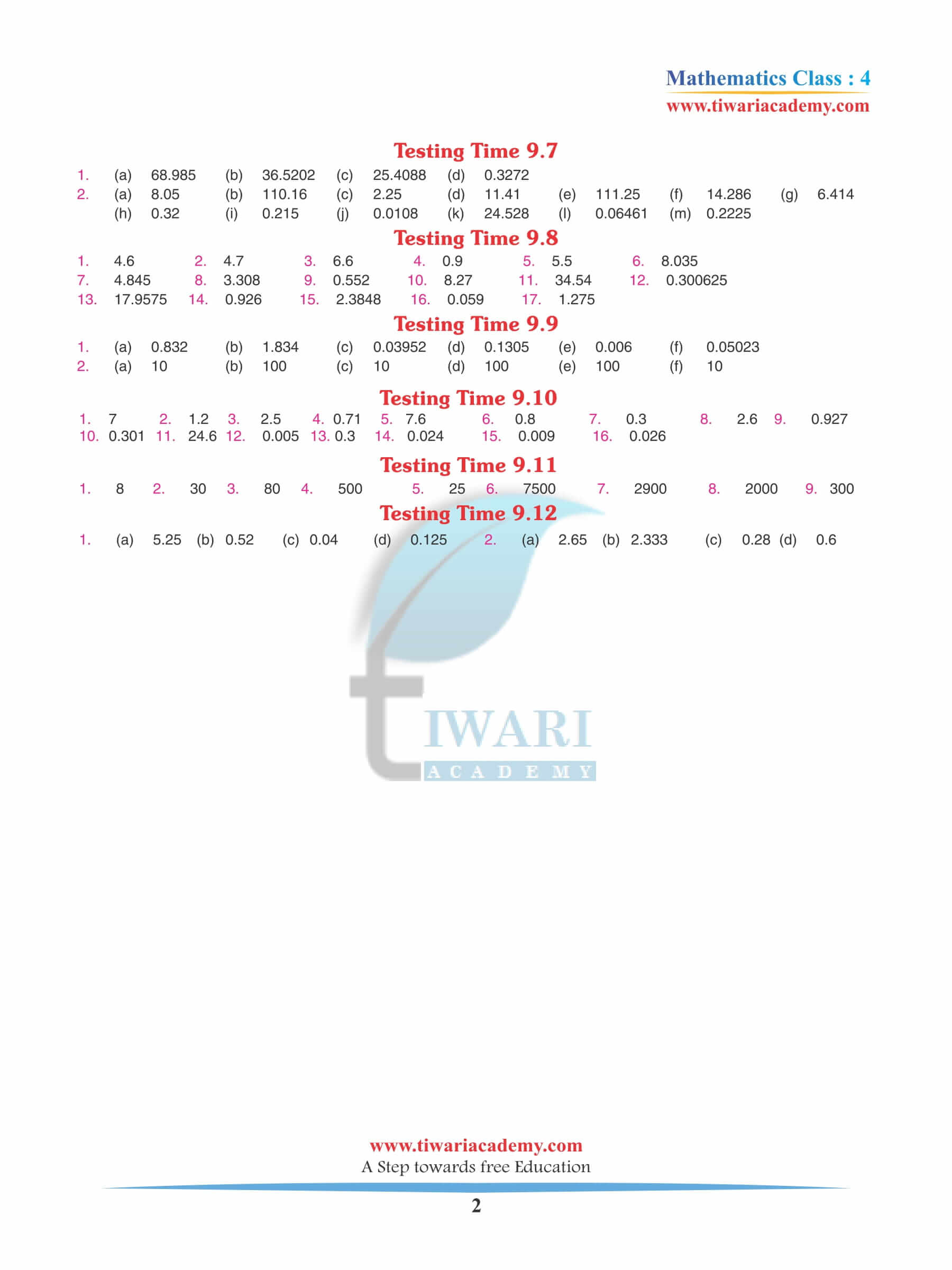 Class 4 Maths Chapter 9 Revision Book Answers PDF