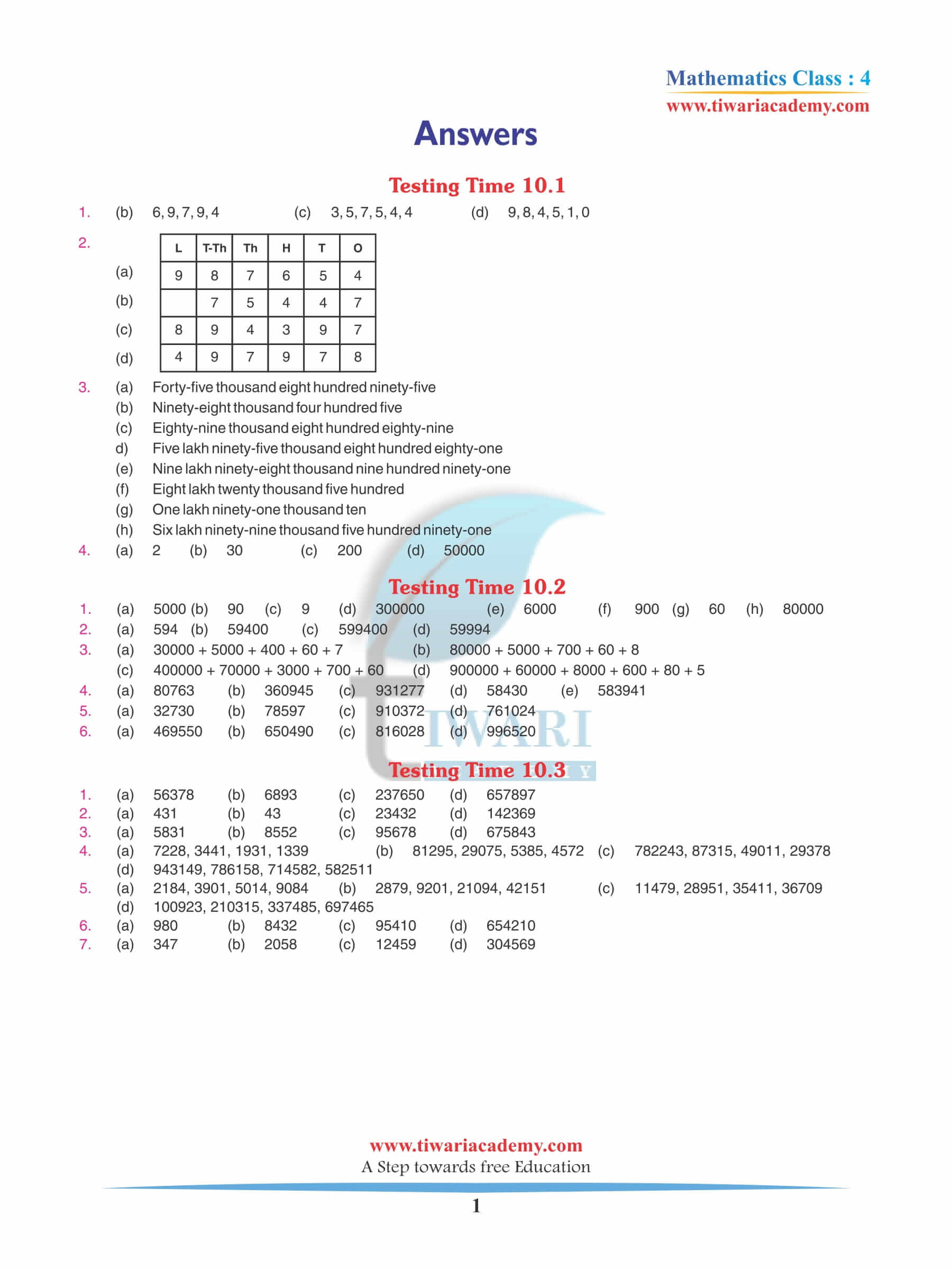 Class 4 Maths Chapter 10 Revision Book Answers