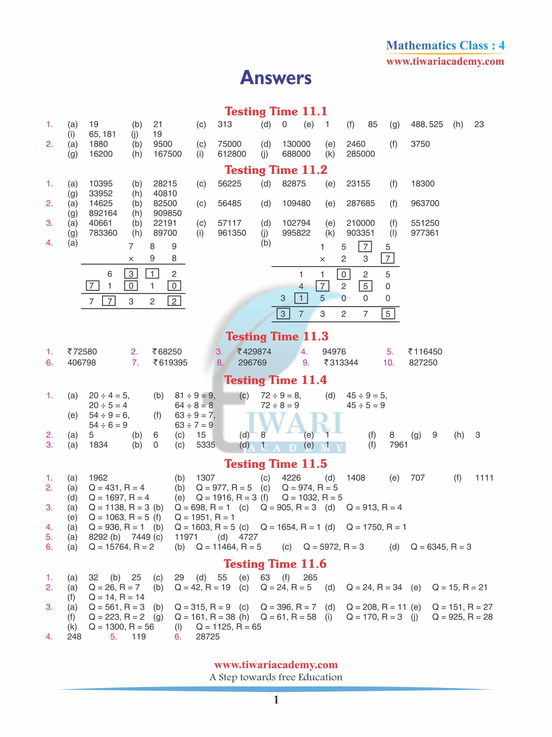 Class 4 Maths Chapter 11 Revision Book Answers