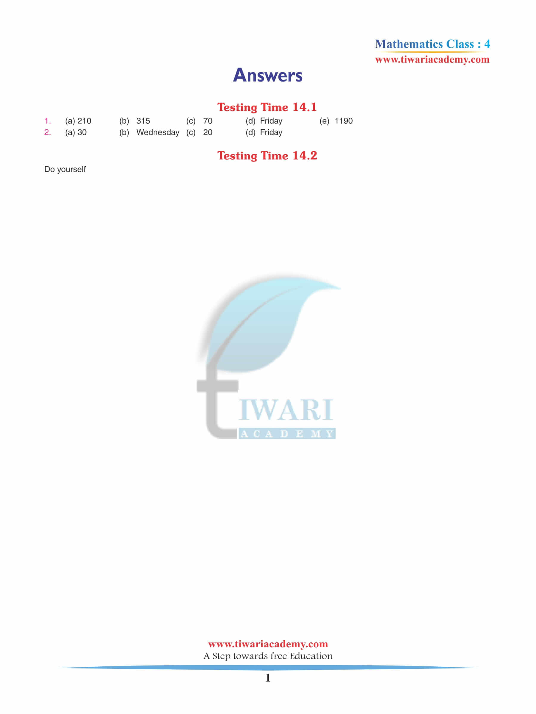 Class 4 Maths Chapter 14 Revision Book Answers