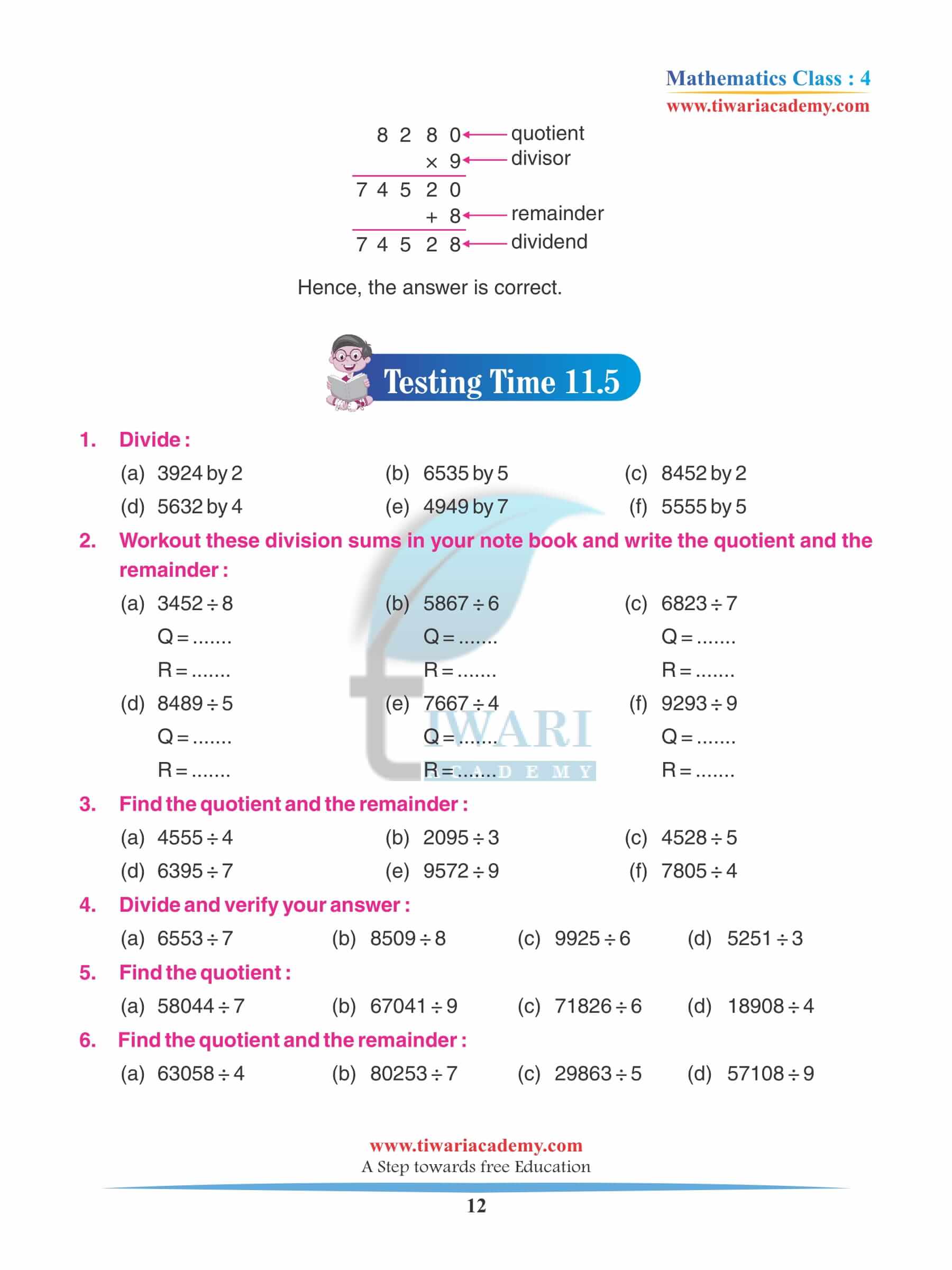 Class 4 Maths Chapter 11 Practice questions answers free