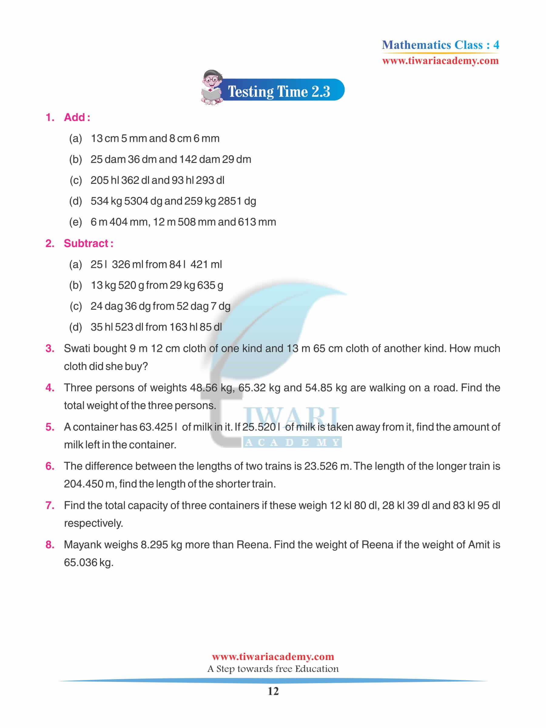 Class 4 Maths Chapter 2 Practice assignments