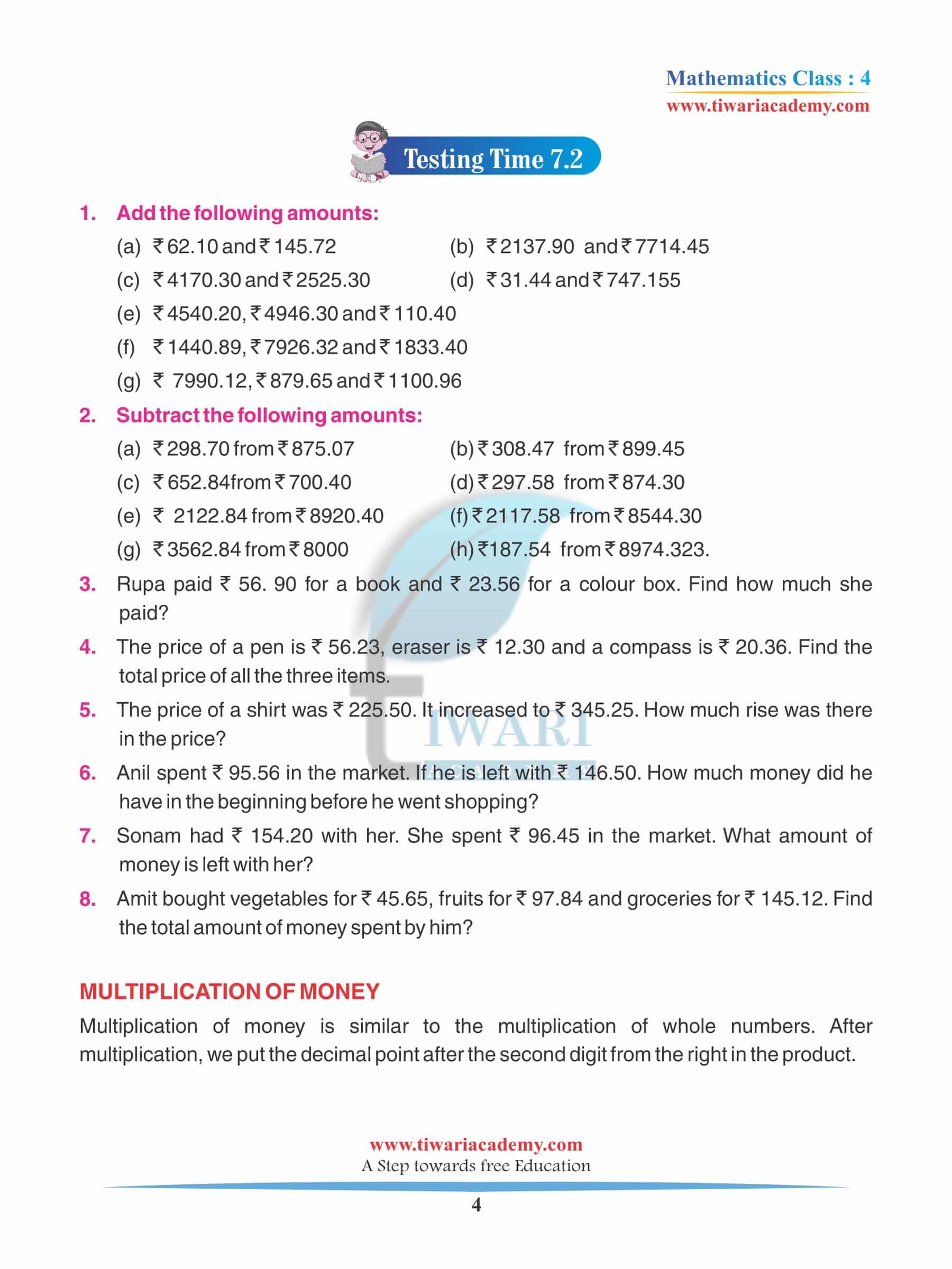 Class 4 Maths Chapter 7 Practice Book