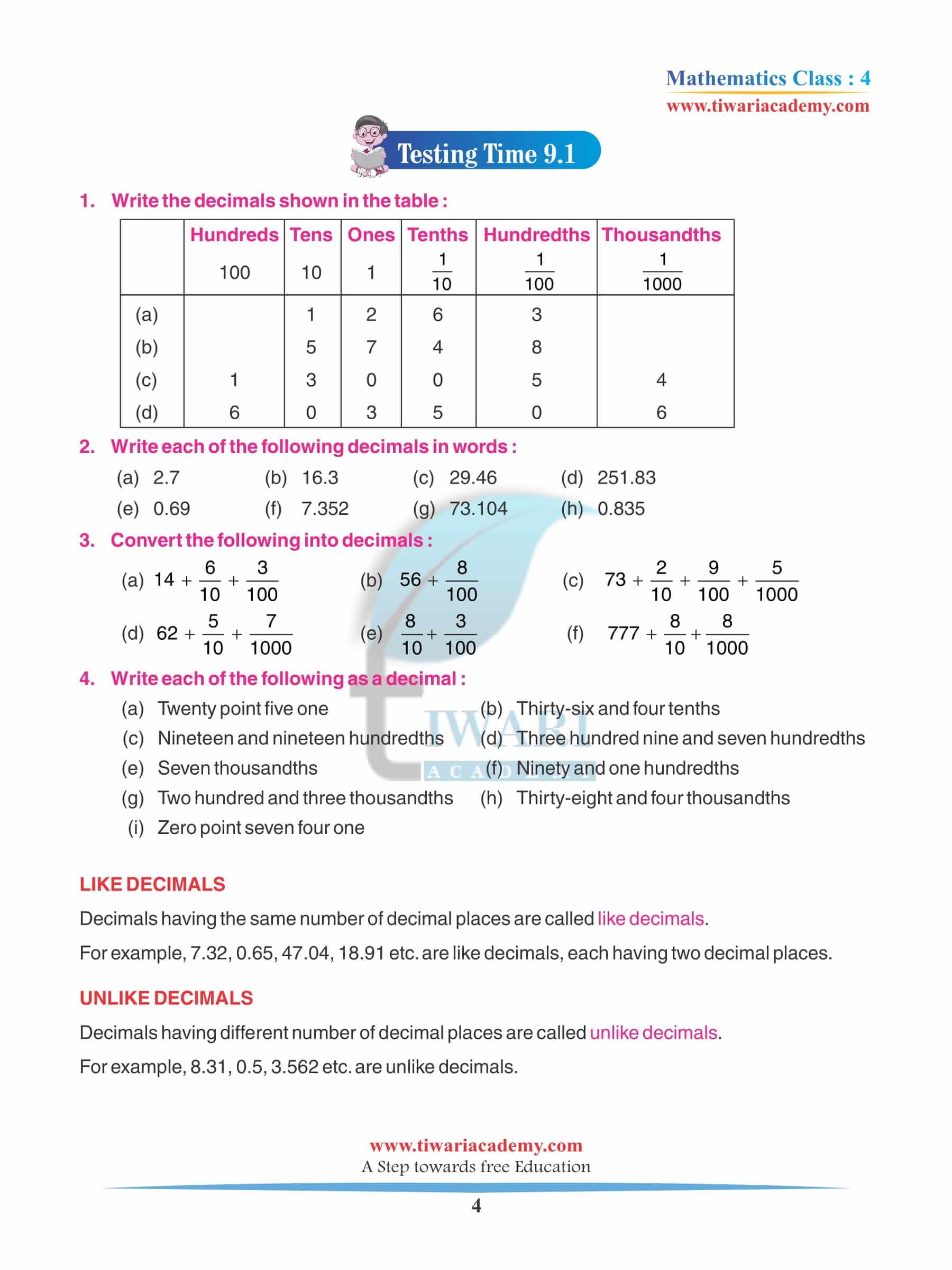 Class 4 Maths Chapter 9 Revision Book free download
