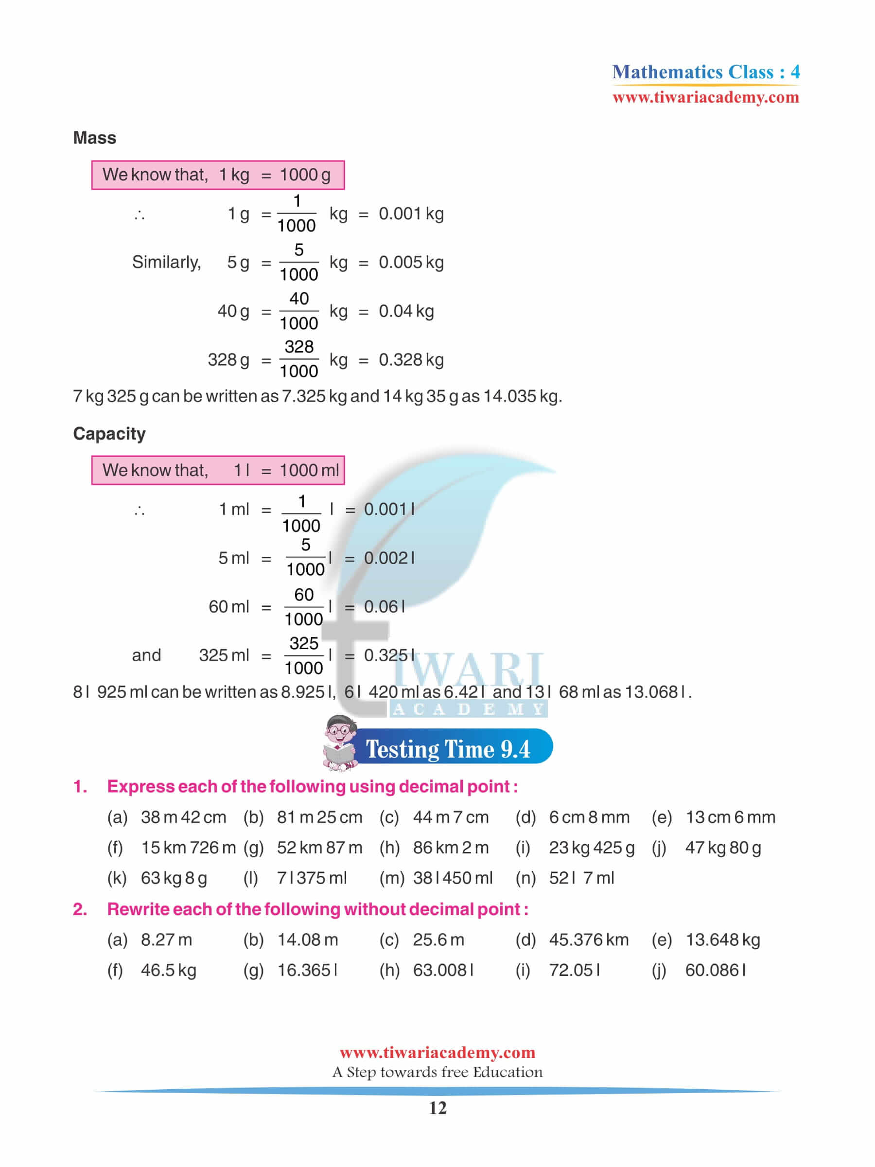 Class 4 Maths Chapter 9 Practice assignments