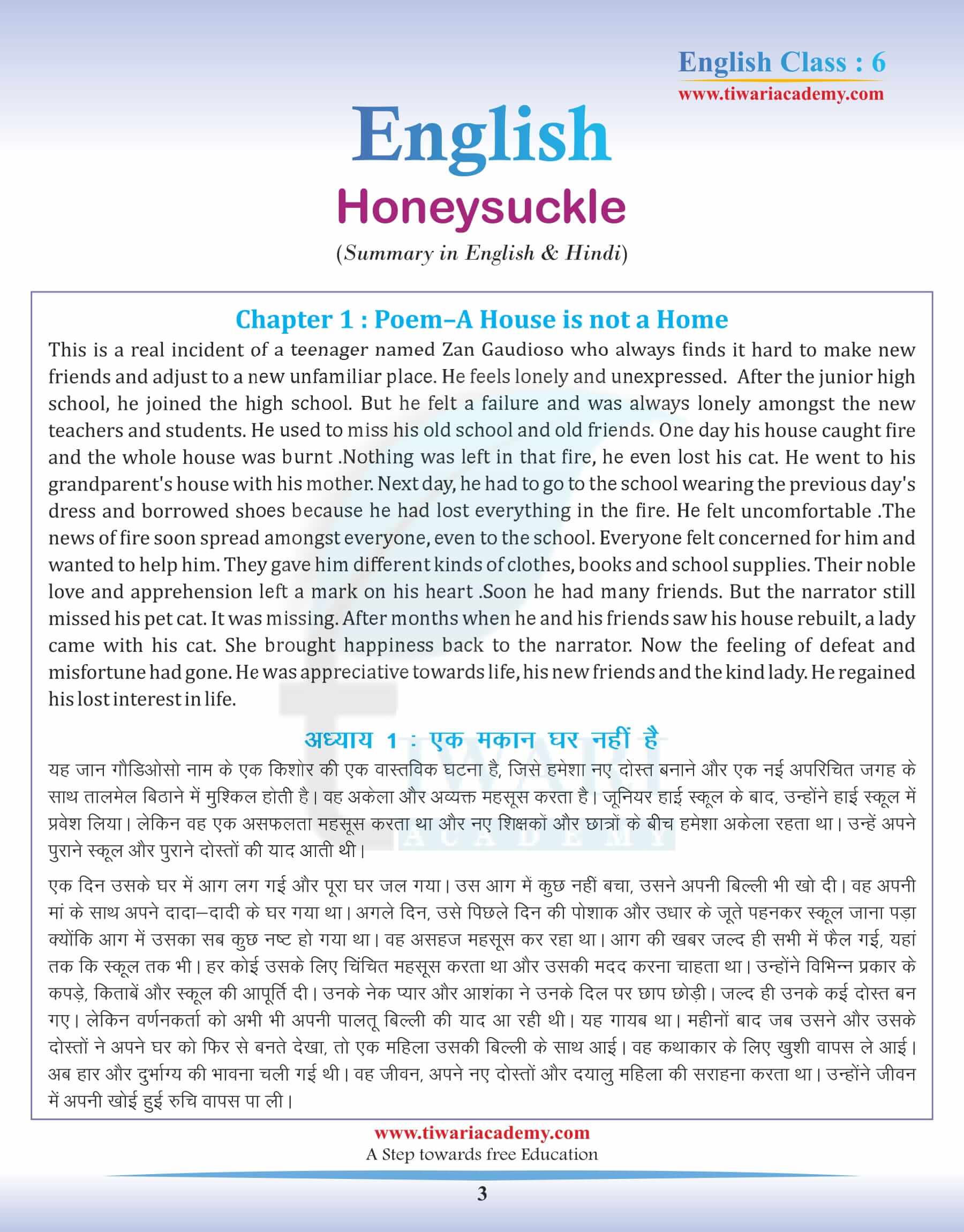 Class 6 English Chapter 1 Summary in Hindi and English