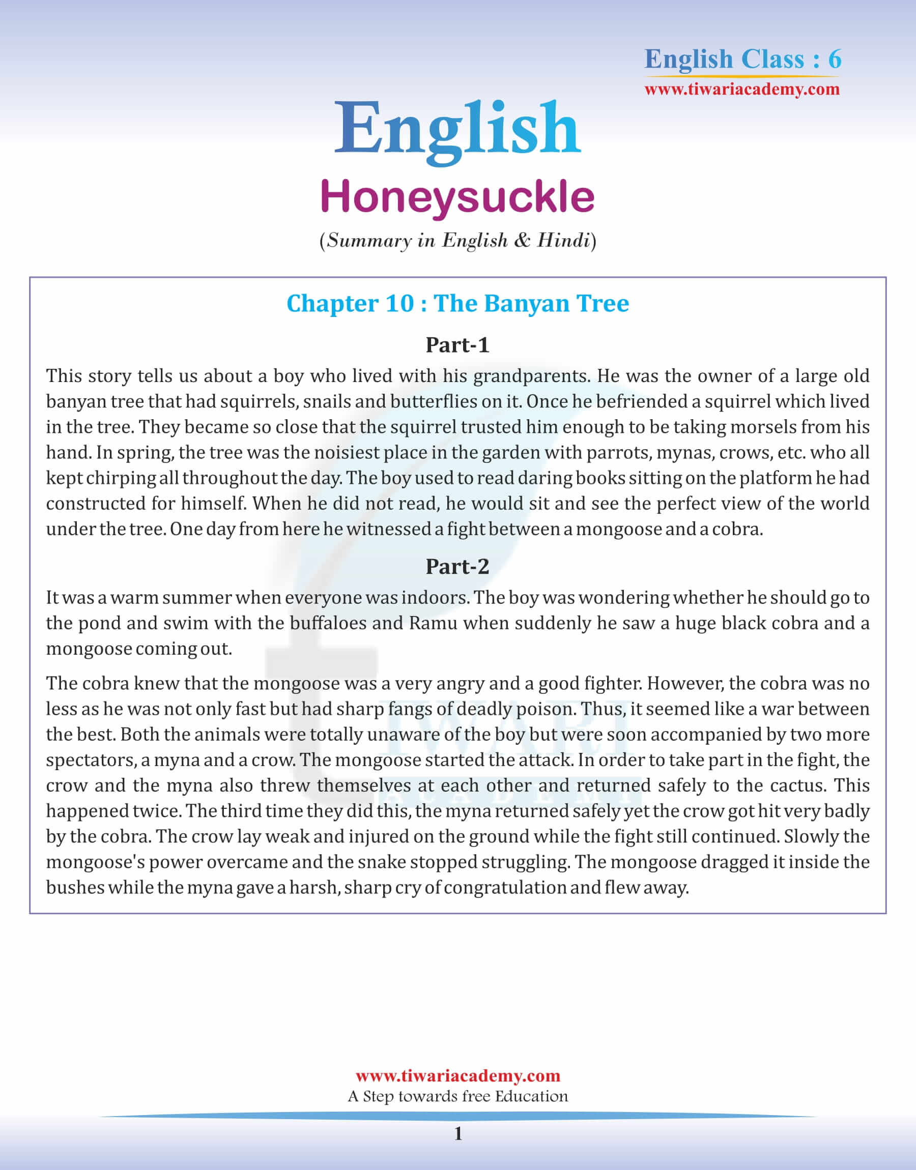 Class 6 English Chapter 10 Summary in Hindi and English