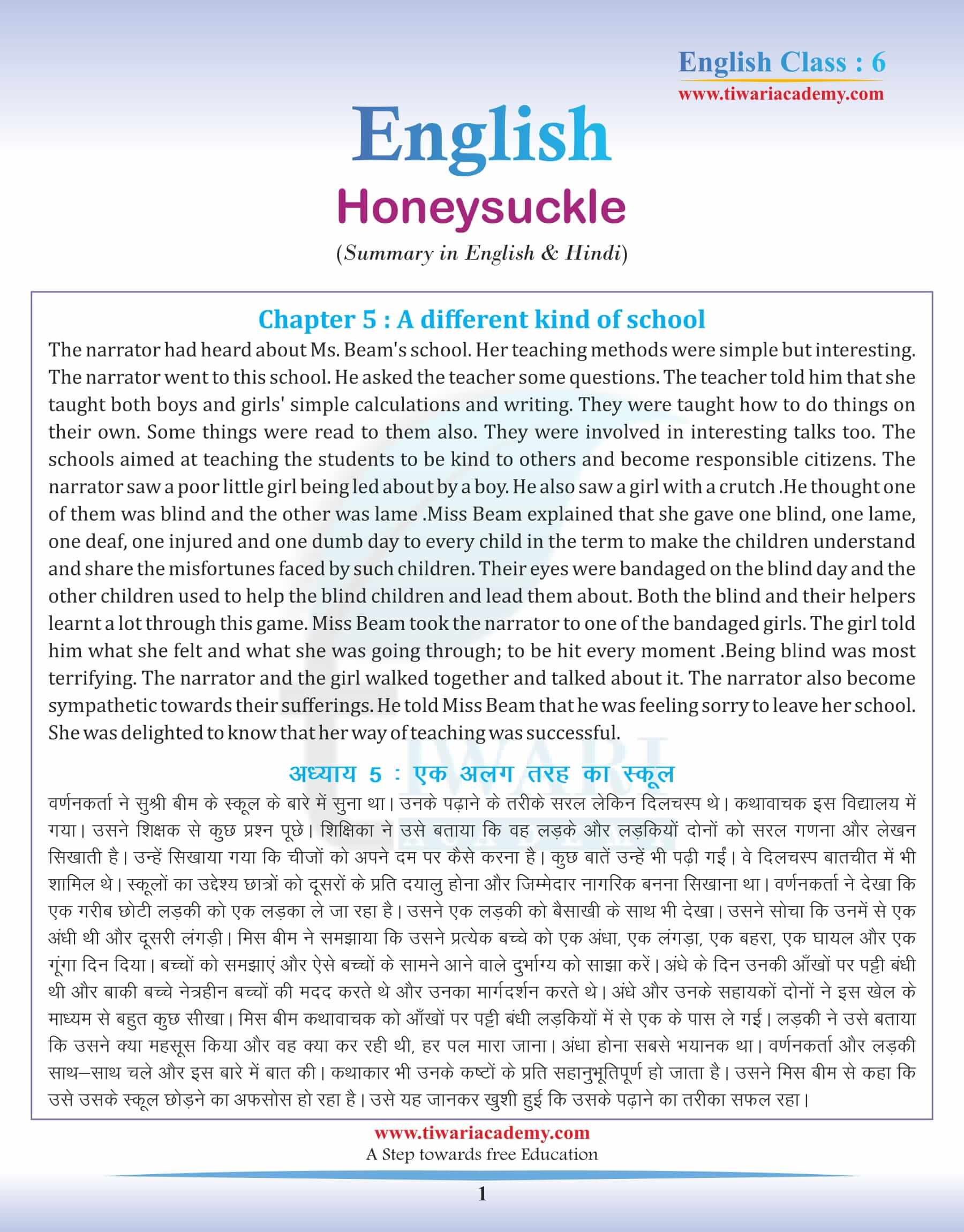 Class 6 English Chapter 5 Summary in Hindi and English