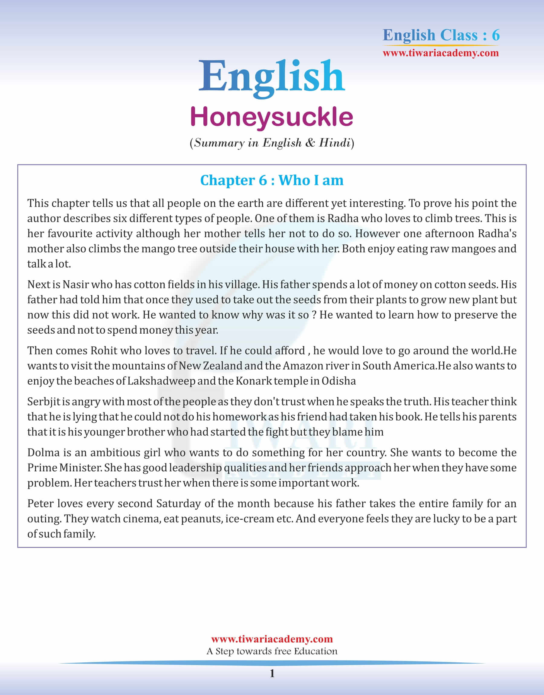 NCERT Solutions for Class 6 English Honeysuckle Chapter 6 in PDF form